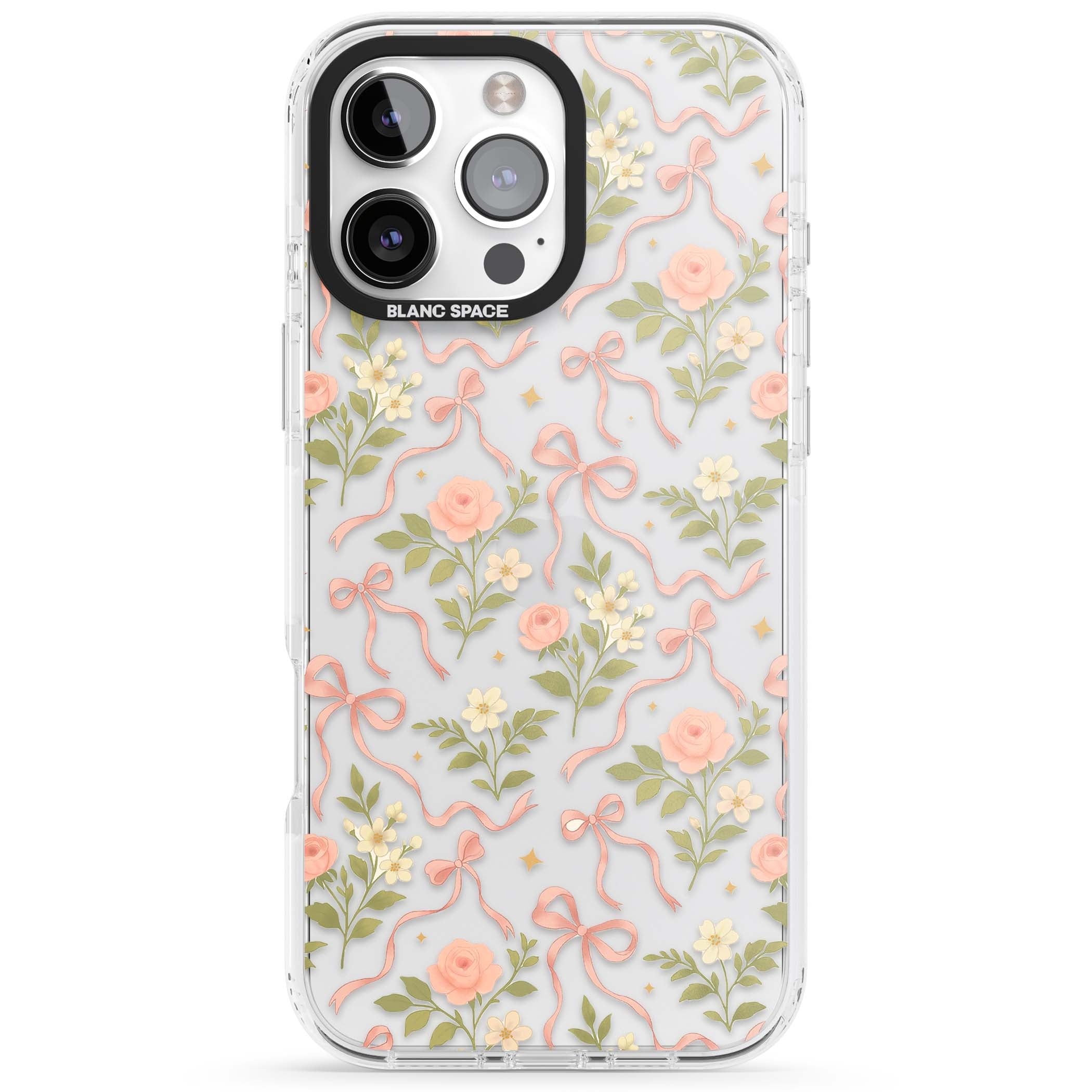 Ribbon Garden coquette iPhone case featuring pink bows, peach roses and wildflowers on white background | Clear Impact case for iPhone 16 Pro, iPhone 16 Pro Max