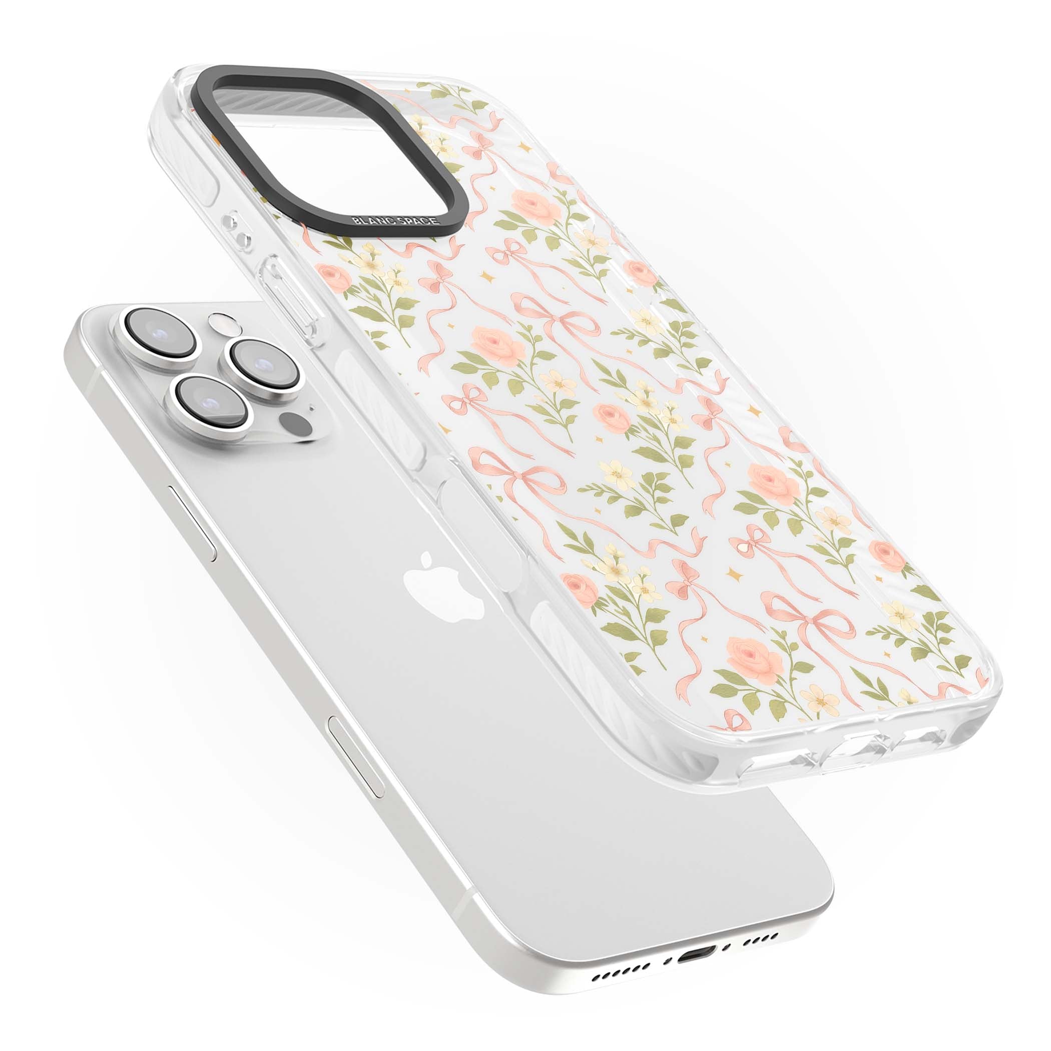 Ribbon Garden coquette iPhone case featuring pink bows, peach roses and wildflowers on white background | Clear Impact case for iPhone 16 Pro, iPhone 16 Pro Max
