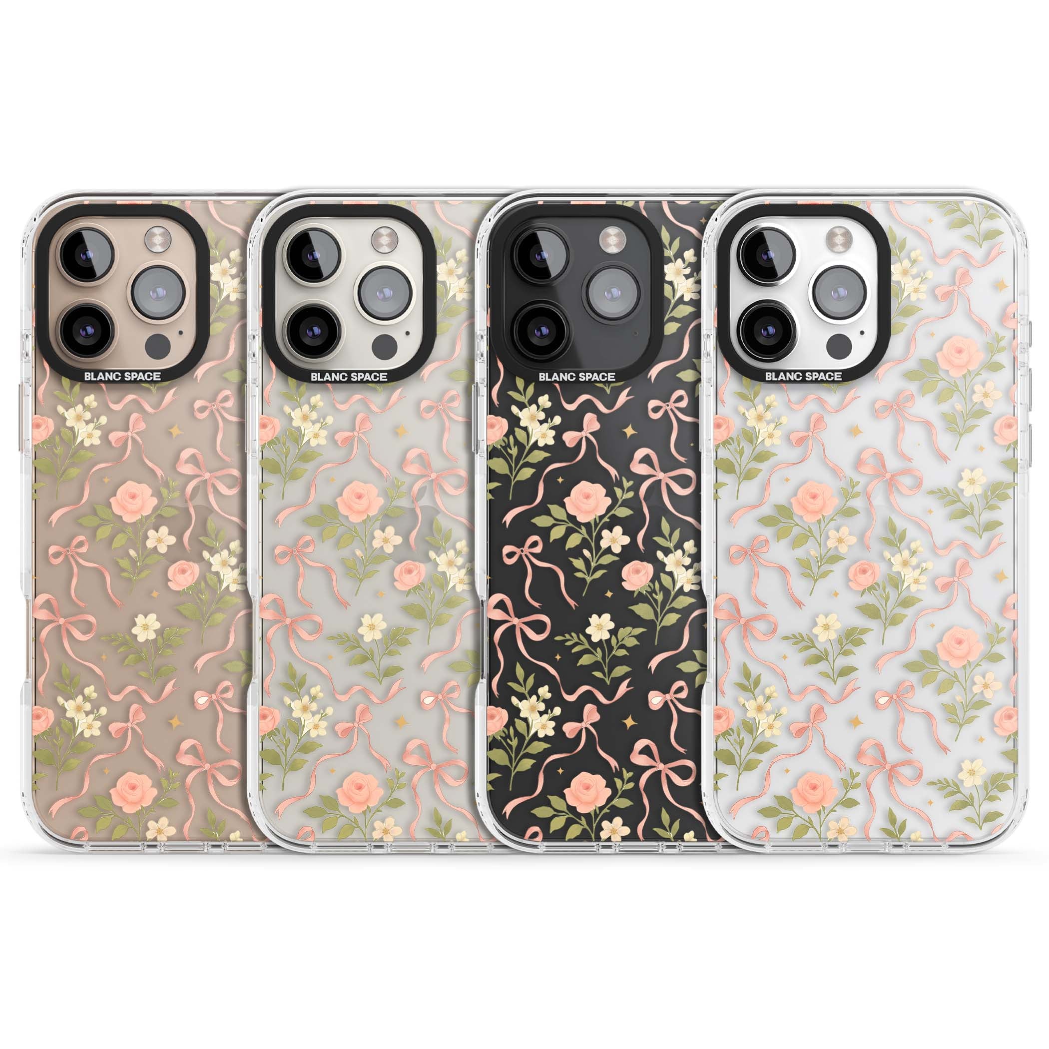 Ribbon Garden coquette iPhone case featuring pink bows, peach roses and wildflowers on white background | Clear Impact case for iPhone 16 Pro, iPhone 16 Pro Max