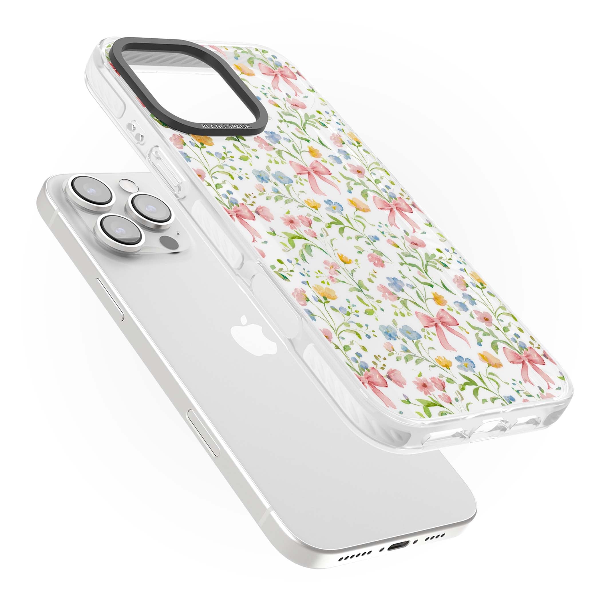 Ribbons & Wildflowers cottagecore iPhone case featuring watercolor wildflowers, pink satin bows, and delicate spring blooms o | Clear Impact case for iPhone 16 Pro, iPhone 16 Pro Max