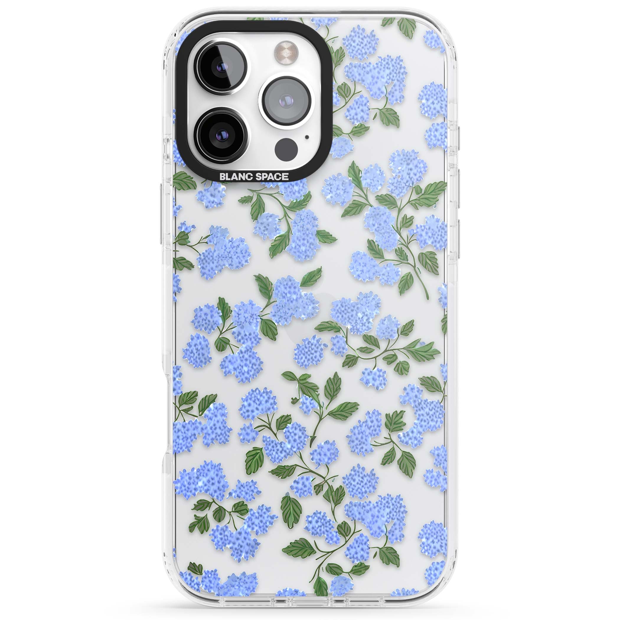 Hydrangea Dreams cottagecore iPhone case featuring soft blue hydrangea flower clusters and green leaves | Clear Impact case for iPhone 16 Pro, iPhone 16 Pro Max