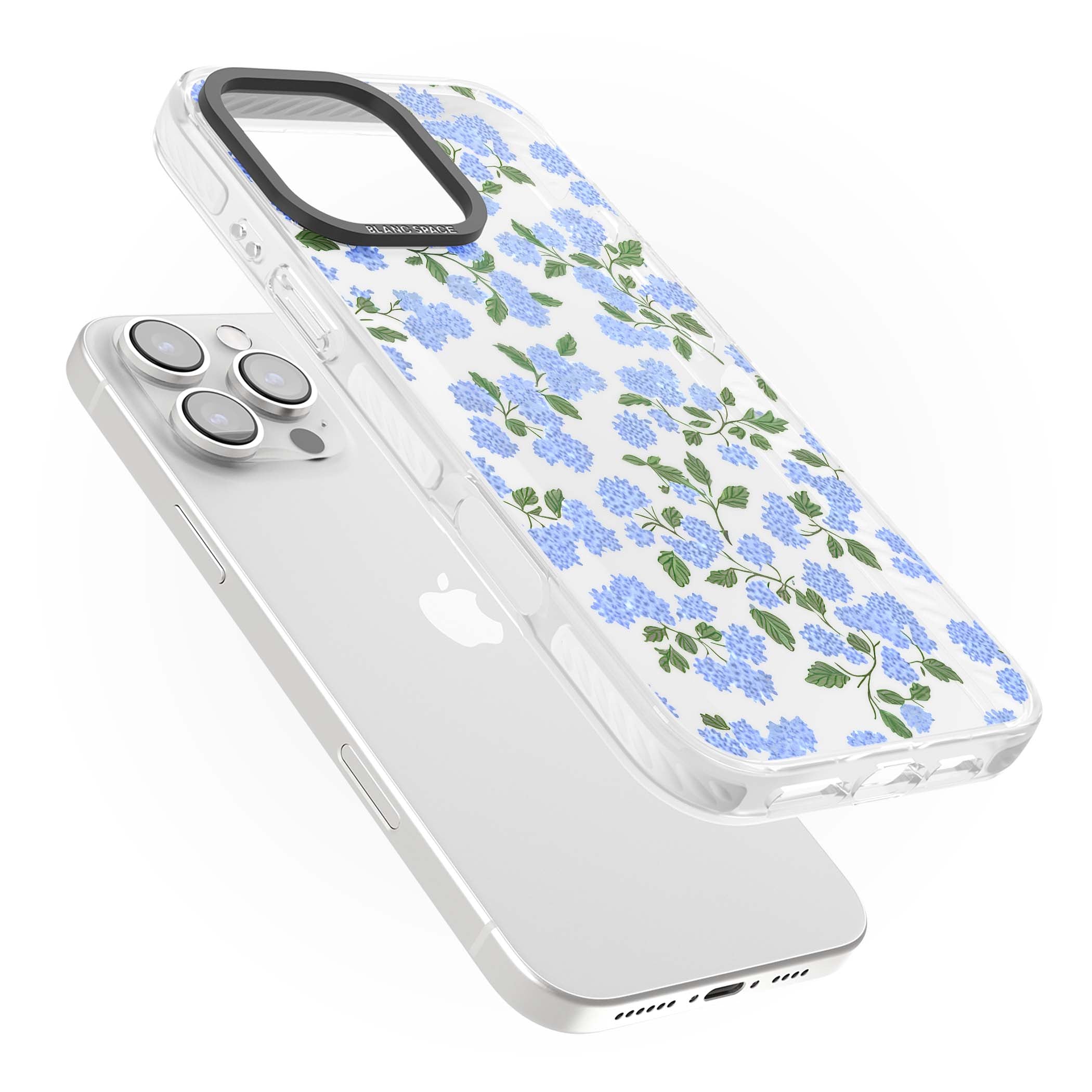 Hydrangea Dreams cottagecore iPhone case featuring soft blue hydrangea flower clusters and green leaves | Clear Impact case for iPhone 16 Pro, iPhone 16 Pro Max