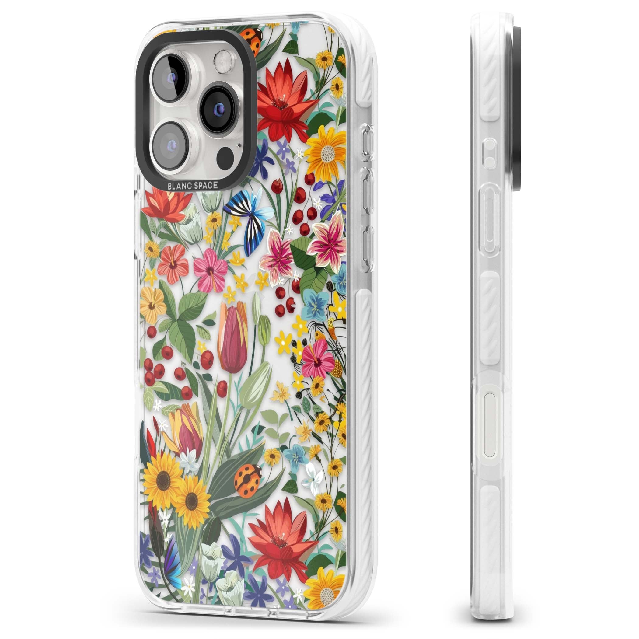 Botanical Bloom cottagecore iPhone case featuring colorful wildflowers, sunflowers, and ladybugs on clear background | Clear Impact case for iPhone 16 Pro, iPhone 16 Pro Max
