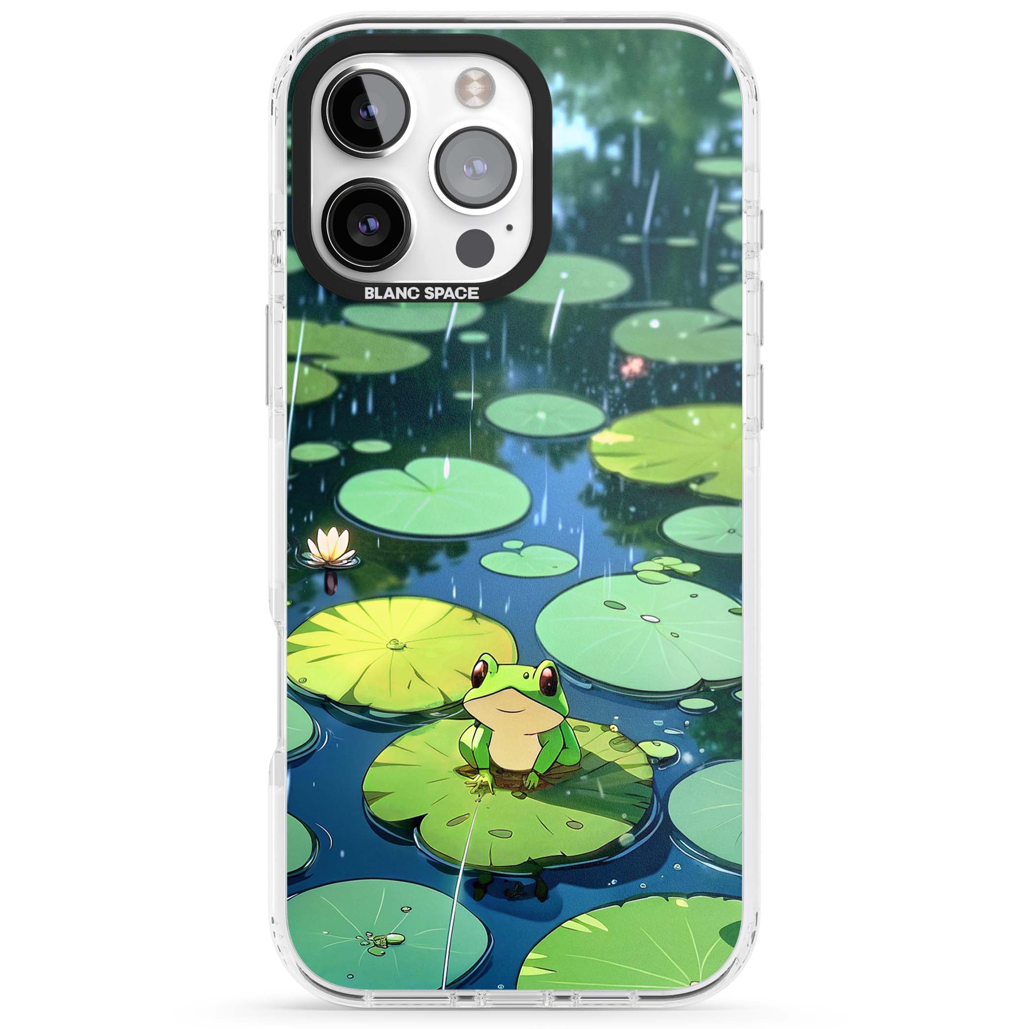 Frog In Lily Pond cottagecore iPhone case featuring a cute green frog on a lily pad with falling rain and a lotus flower | Clear Impact case for iPhone 16 Pro, iPhone 16 Pro Max