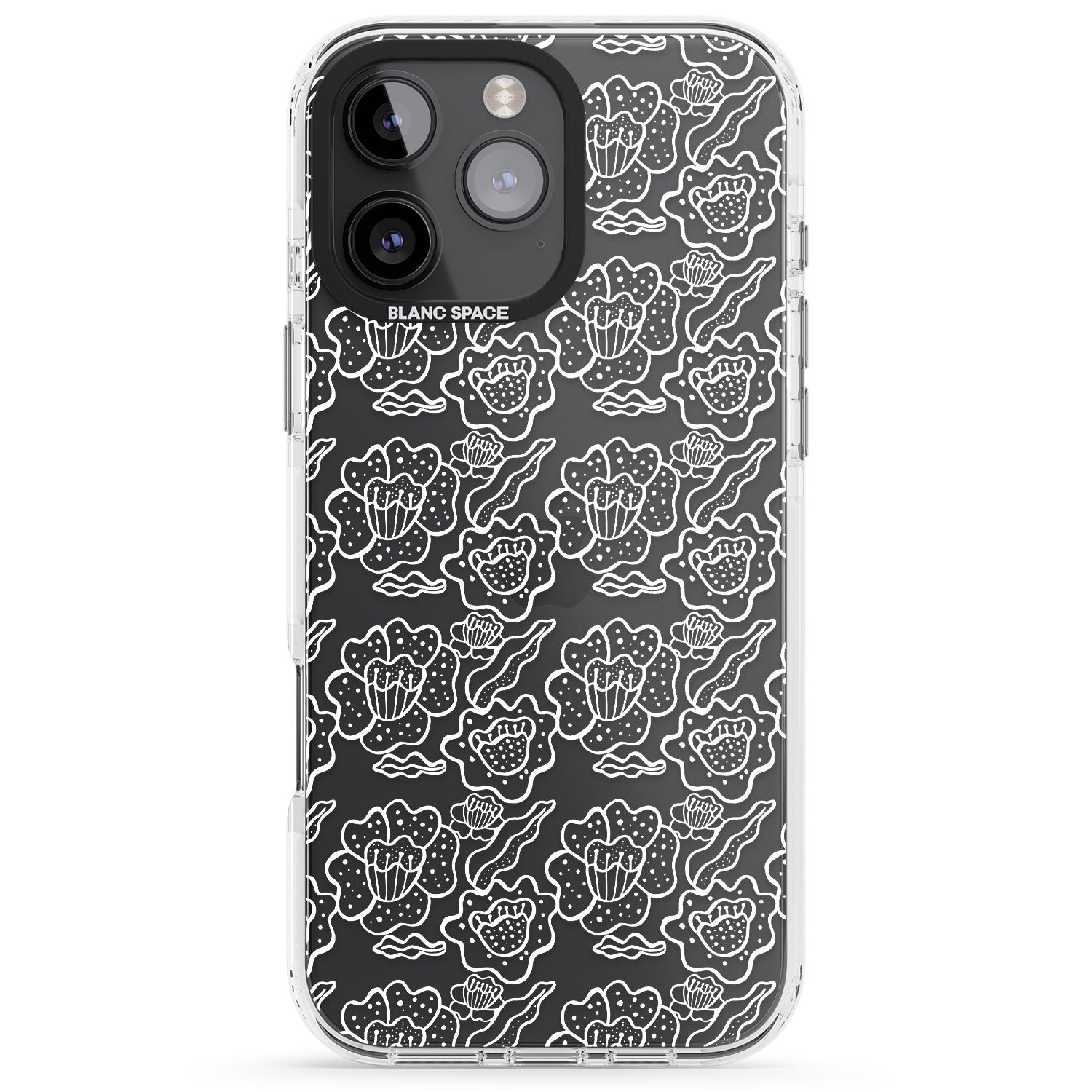 iPhone 16 Pro Max Funky Floral Patterns White on Clear Black Impact Phone Case