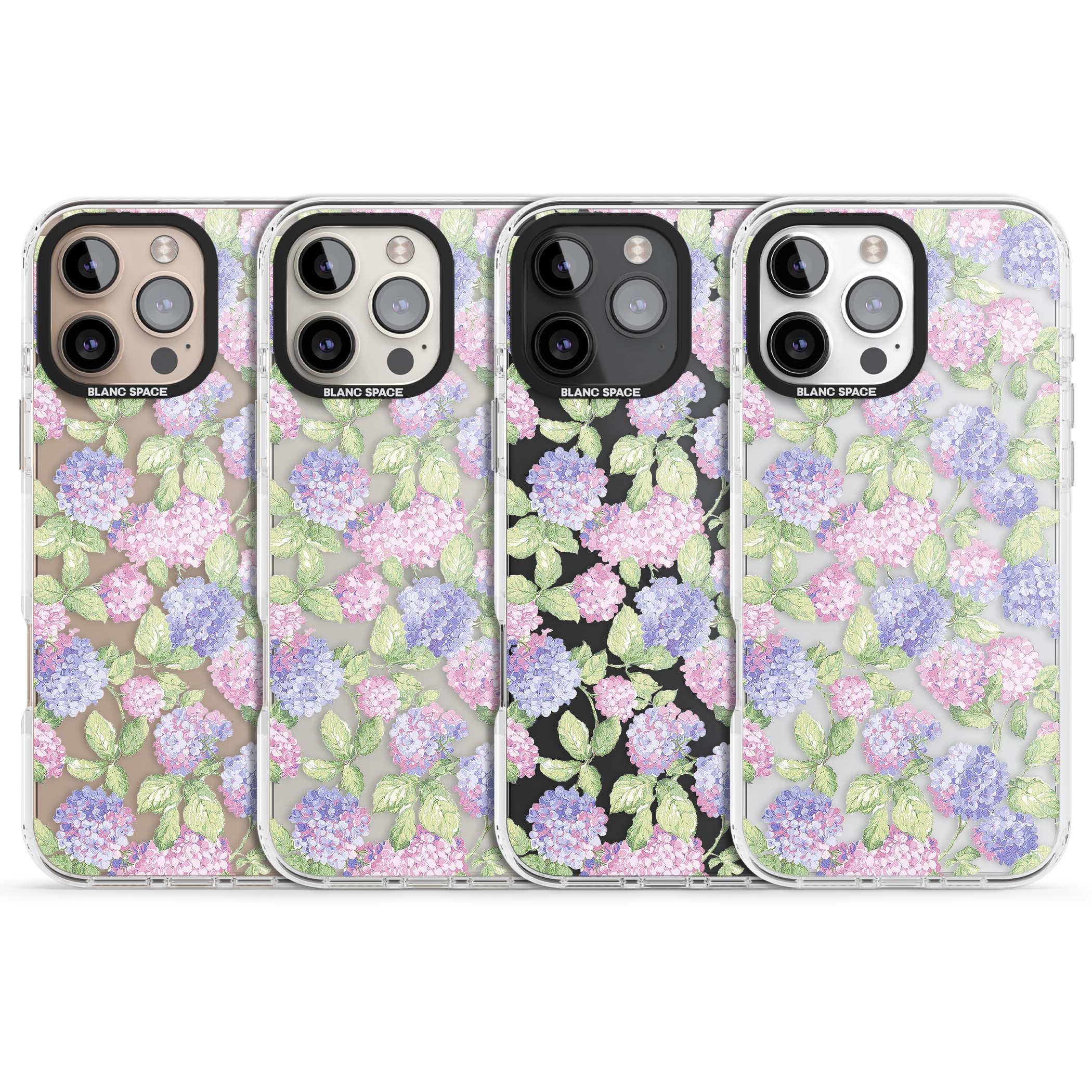 Cottage Hydrangea cottagecore iPhone case featuring pink and purple hydrangea blooms with green leaves on a clear background | Clear Impact case for iPhone 16 Pro, iPhone 16 Pro Max