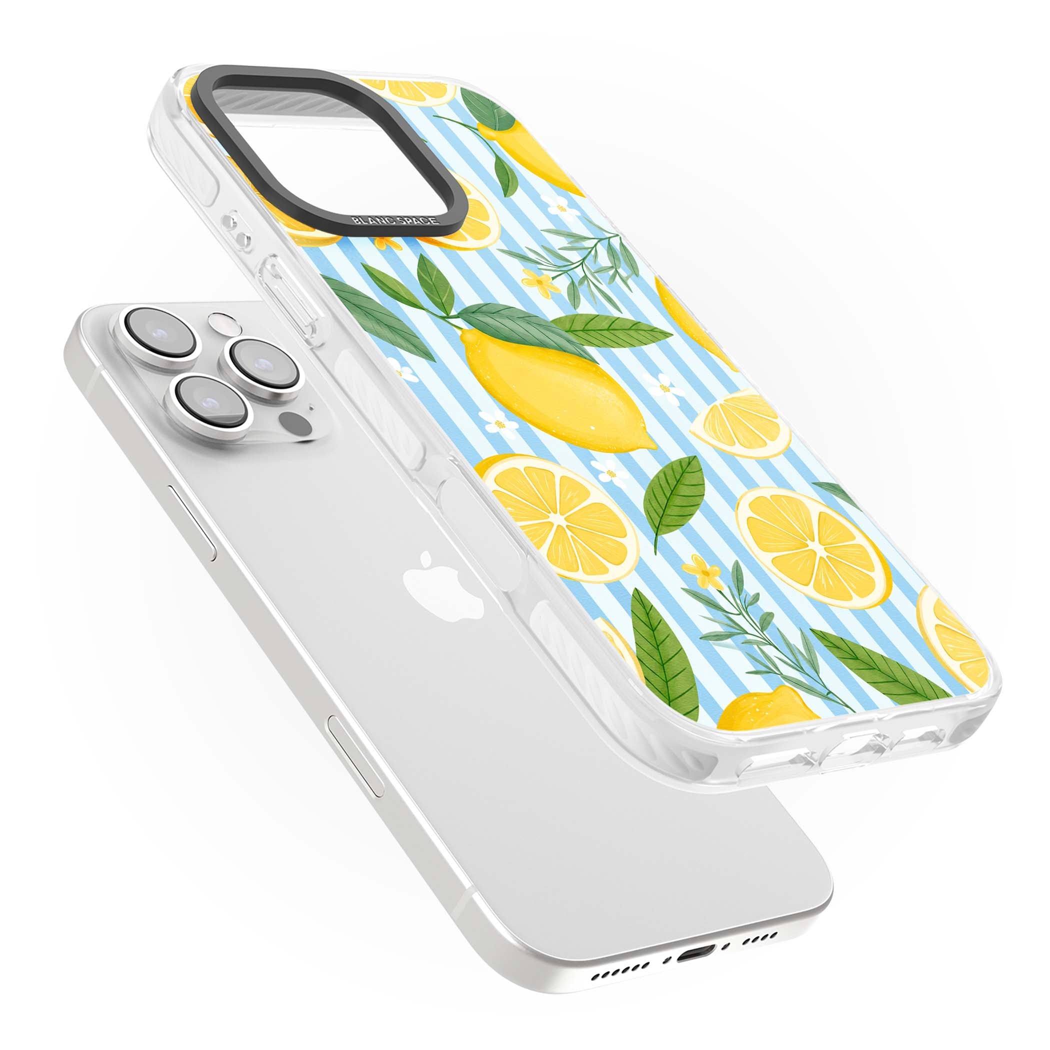Capri Citrus Stripe coastal iPhone case featuring yellow lemons, blue stripes, and white daisy blossoms | Clear Impact case for iPhone 16 Pro, iPhone 16 Pro Max