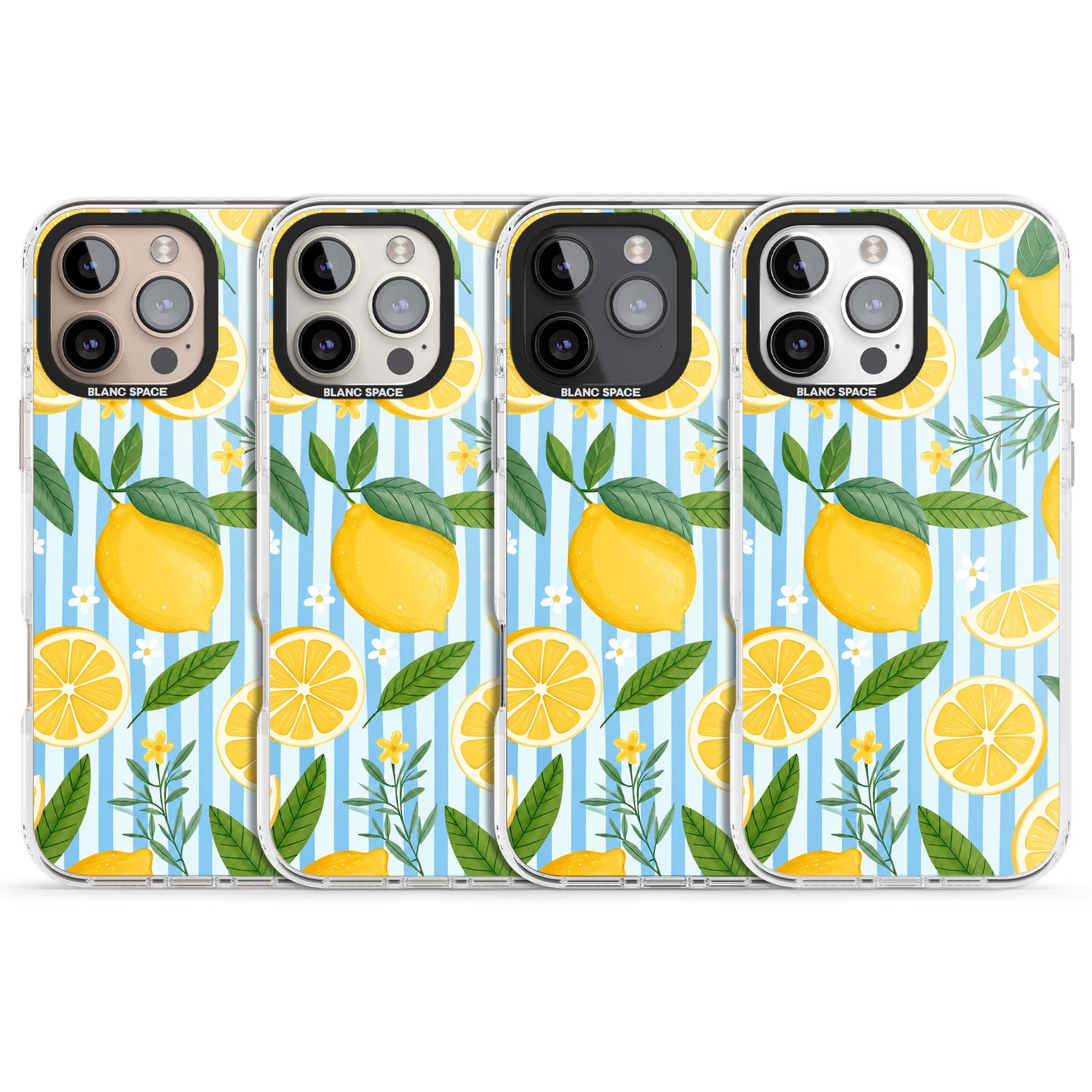 Capri Citrus Stripe coastal iPhone case featuring yellow lemons, blue stripes, and white daisy blossoms | Clear Impact case for iPhone 16 Pro, iPhone 16 Pro Max