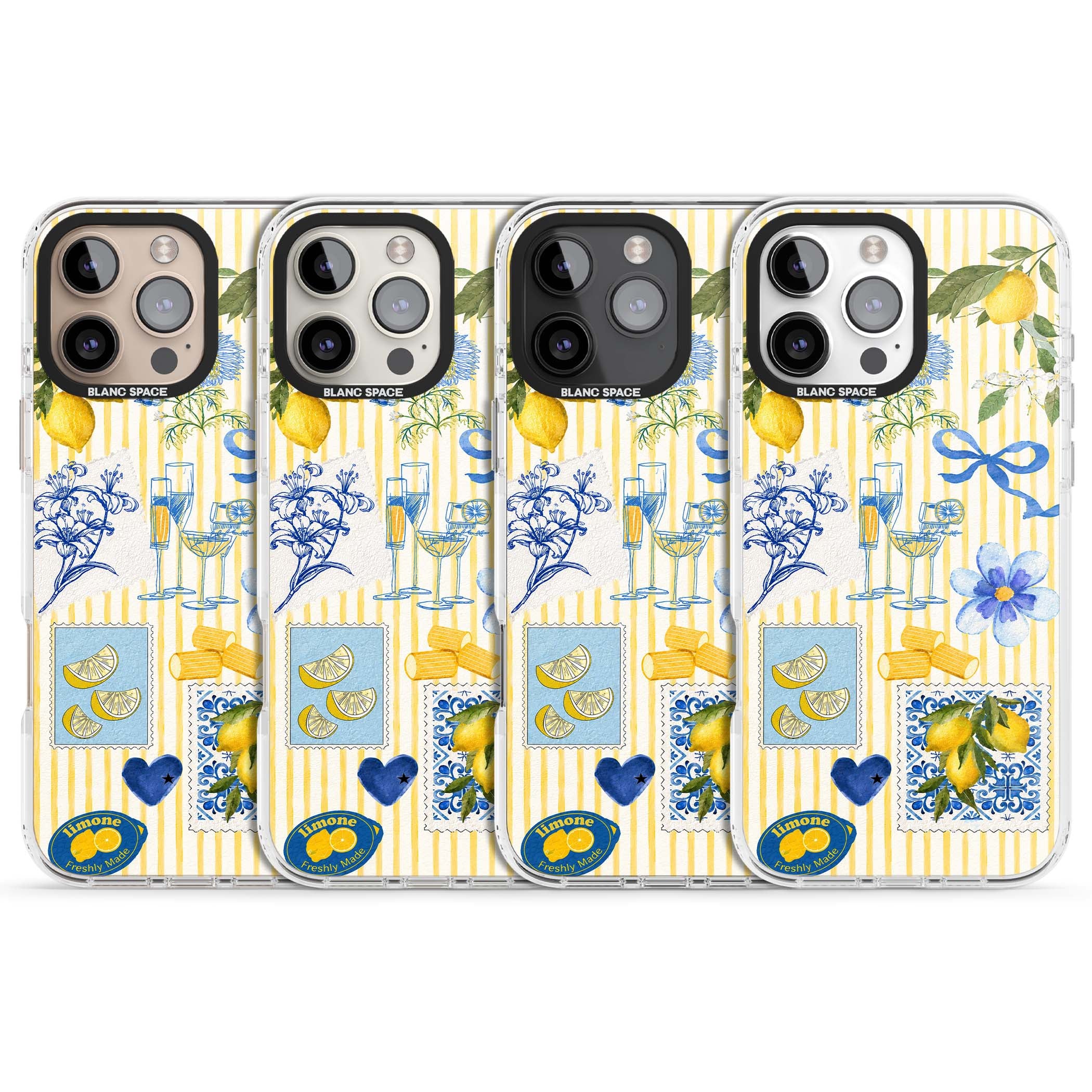 Limone Riviera Italian summer iPhone case featuring watercolour lemons, blue ribbon bows and majolica tile stamps on... | Clear Impact case for iPhone 16 Pro, iPhone 16 Pro Max