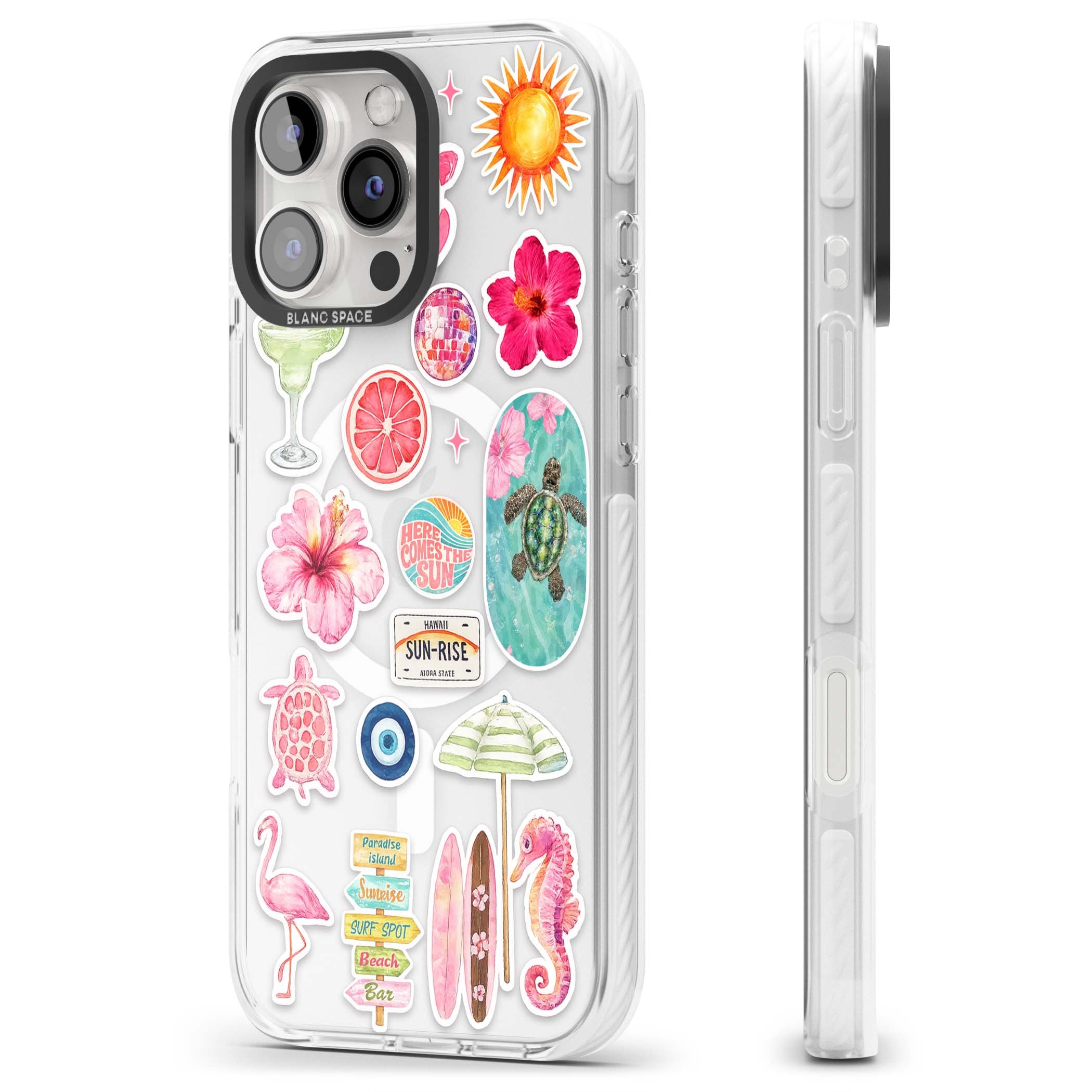 Aloha Sticker Mix tropical summer iPhone case featuring pink hibiscus, sea turtles, flamingo and beach umbrella stickers | Impact Magsafe case for iPhone 16 Pro, iPhone 16 Pro Max