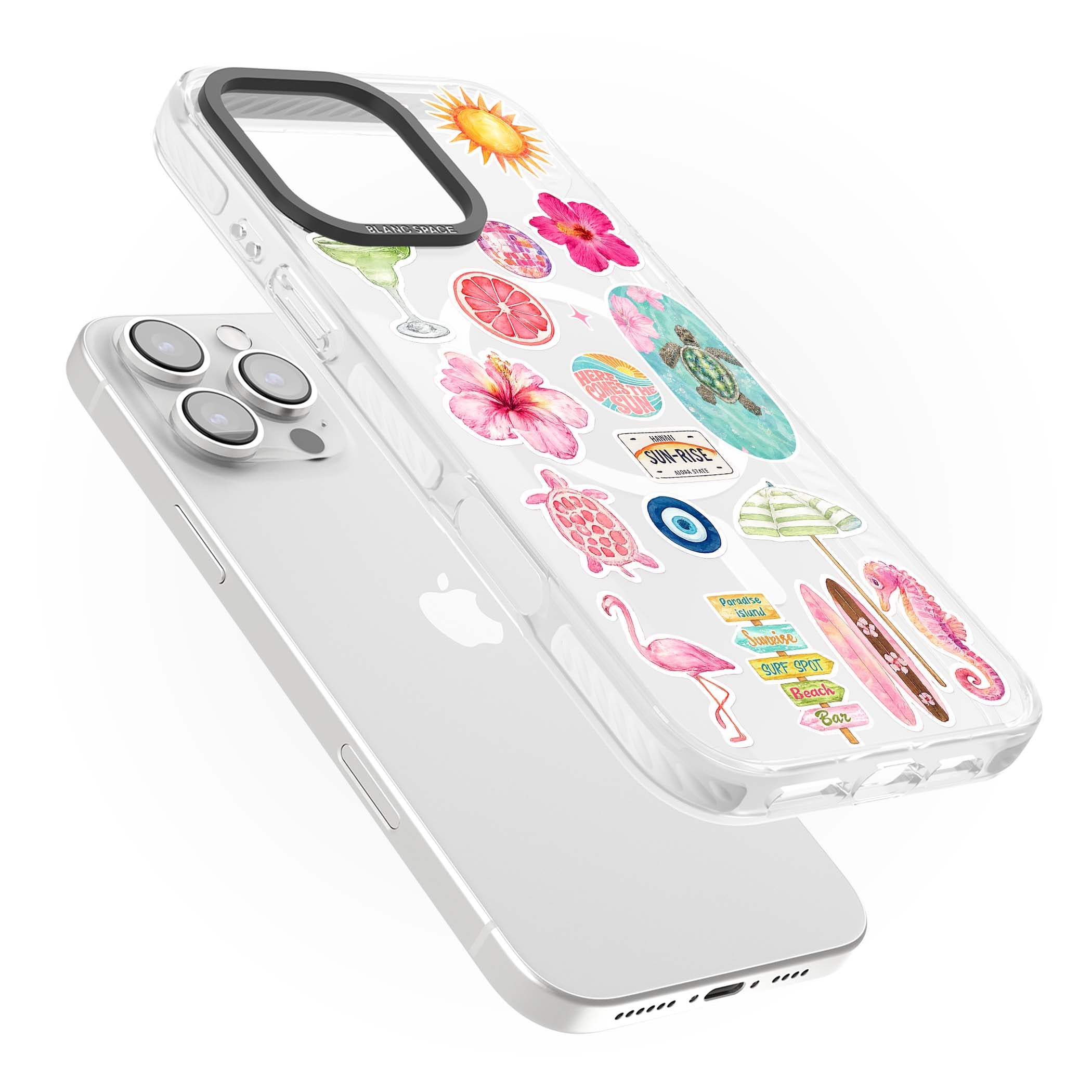Aloha Sticker Mix tropical summer iPhone case featuring pink hibiscus, sea turtles, flamingo and beach umbrella stickers | Impact Magsafe case for iPhone 16 Pro, iPhone 16 Pro Max