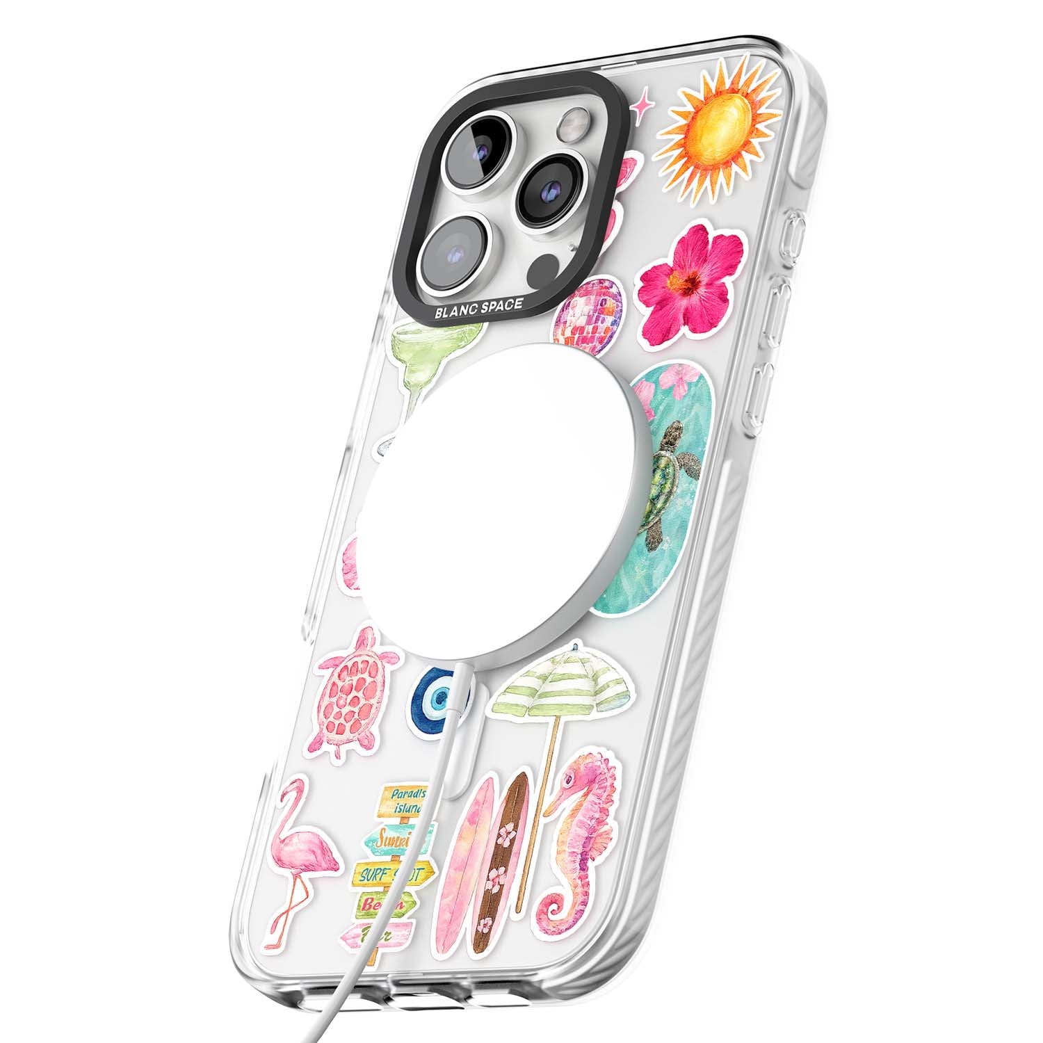 Aloha Sticker Mix tropical summer iPhone case featuring pink hibiscus, sea turtles, flamingo and beach umbrella stickers | Impact Magsafe case for iPhone 16 Pro, iPhone 16 Pro Max