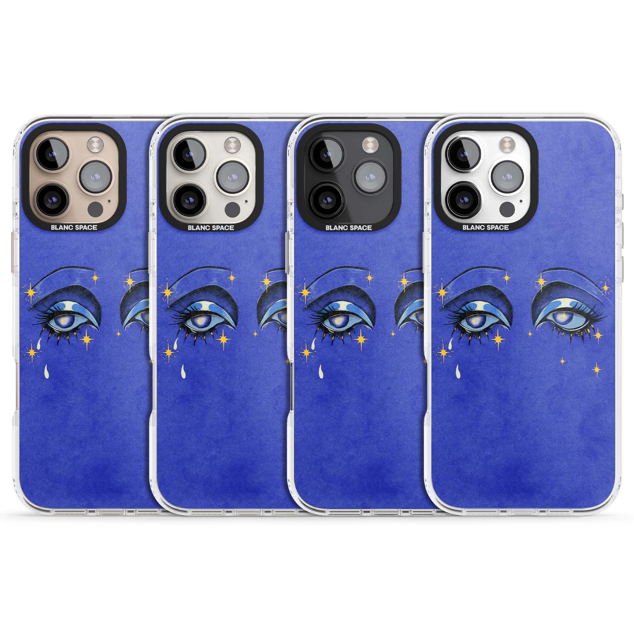 Blue Mystic Eyes celestial iPhone case featuring hand drawn blue mystical eyes, golden stars and a painted tear on indigo | Impact Magsafe case for iPhone 16 Pro, iPhone 16 Pro Max