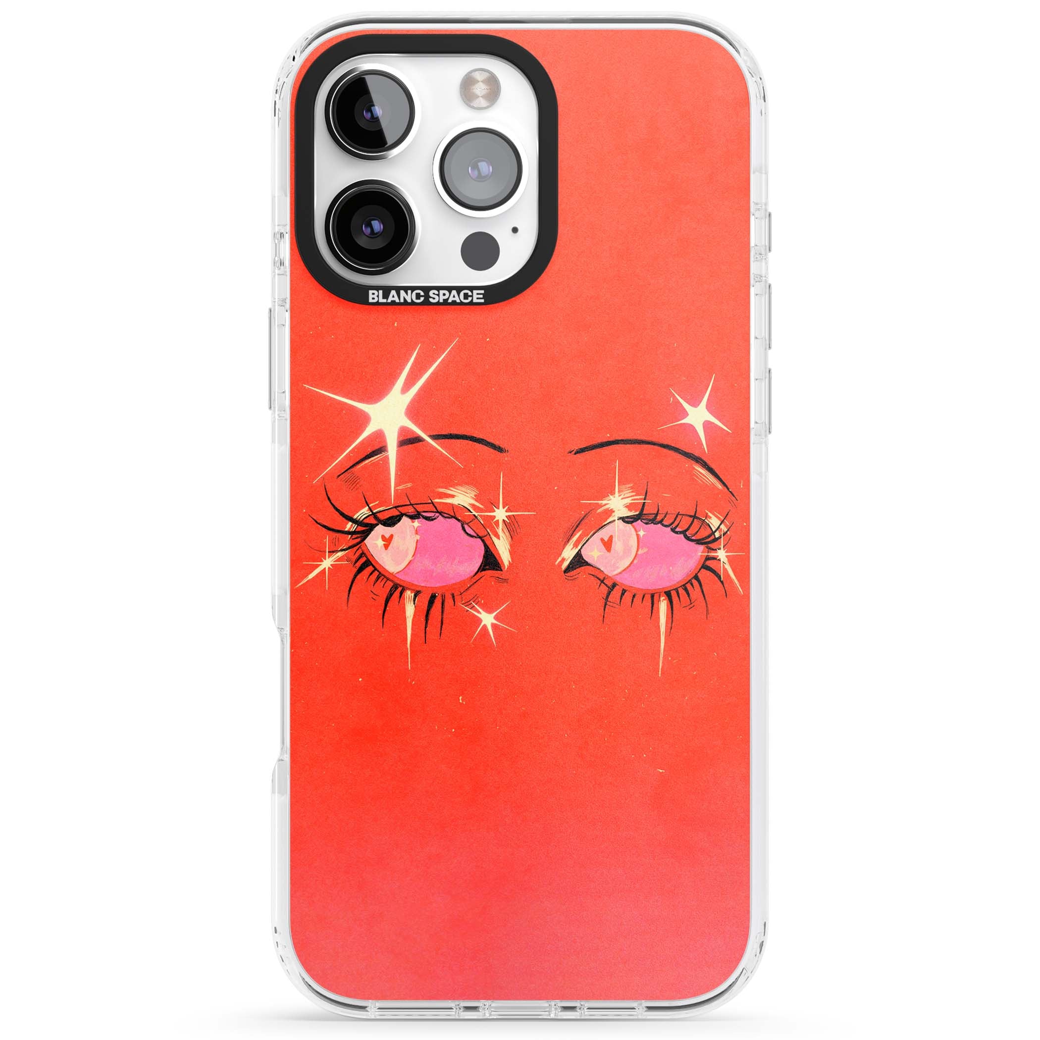 Pink Ethereal Eyes anime iPhone case featuring hand-drawn sparkly eyes with pink hearts and gold stars on red | Impact Magsafe case for iPhone 16 Pro, iPhone 16 Pro Max