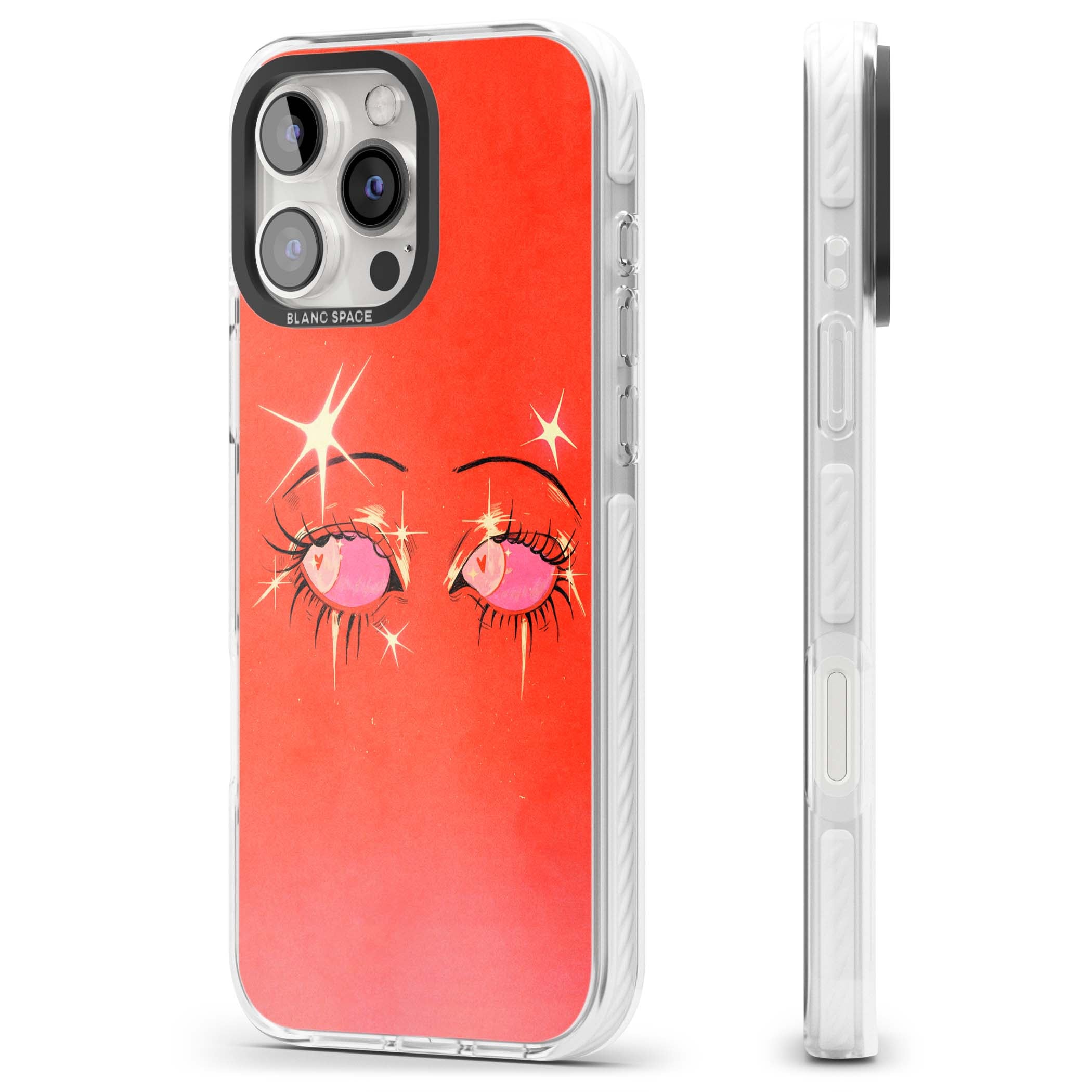 Pink Ethereal Eyes anime iPhone case featuring hand-drawn sparkly eyes with pink hearts and gold stars on red | Impact Magsafe case for iPhone 16 Pro, iPhone 16 Pro Max