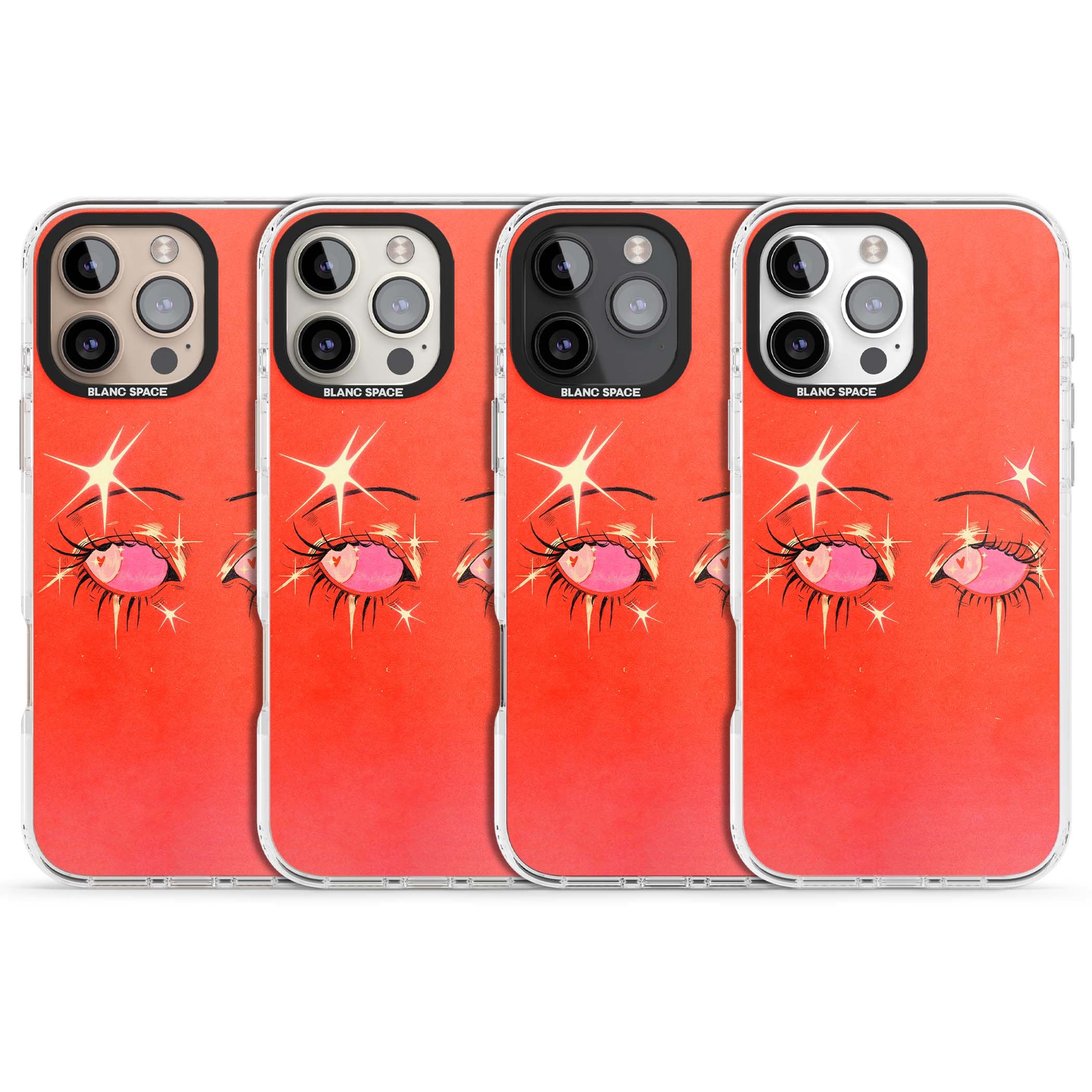 Pink Ethereal Eyes anime iPhone case featuring hand-drawn sparkly eyes with pink hearts and gold stars on red | Impact Magsafe case for iPhone 16 Pro, iPhone 16 Pro Max