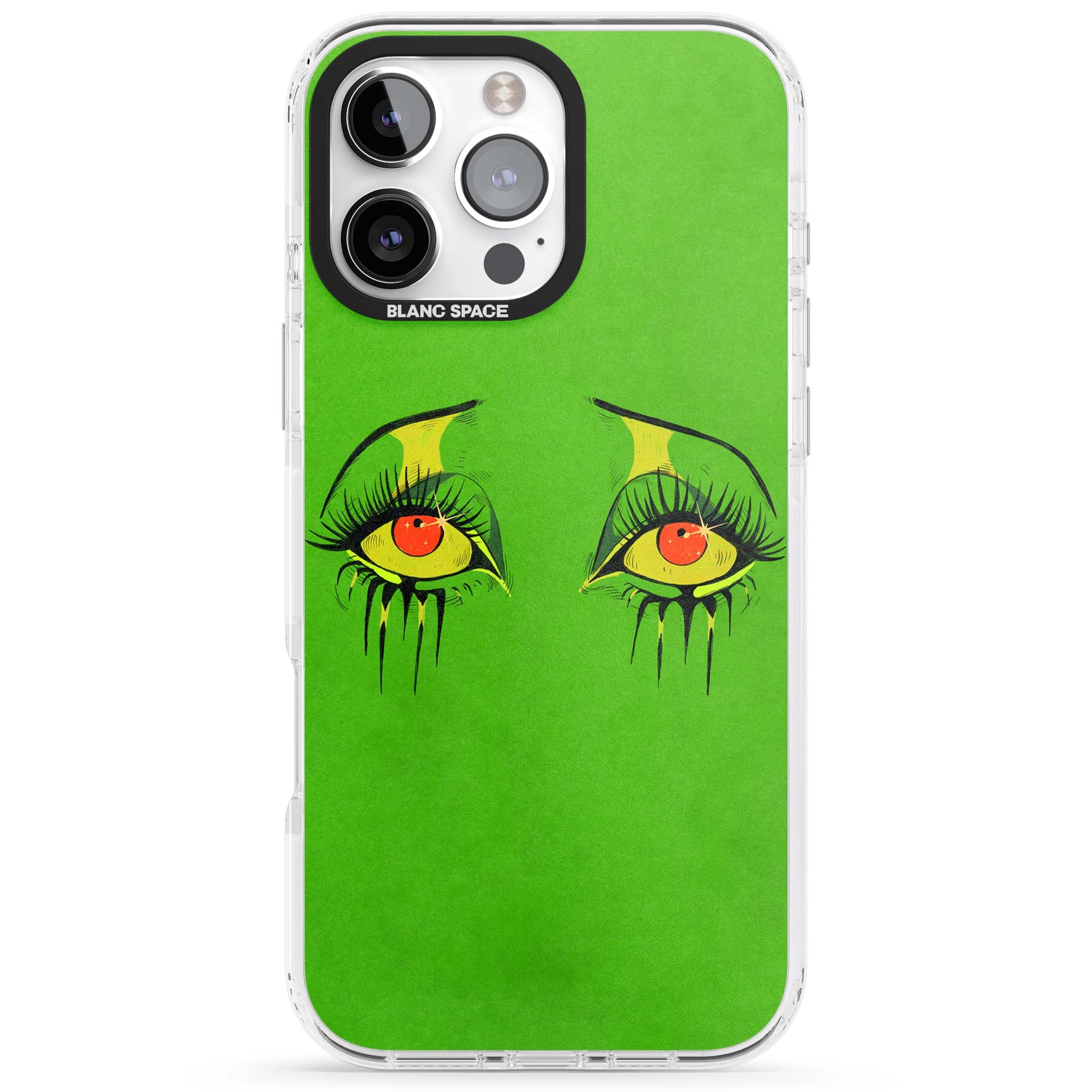 Green Enchanted Eyes psychedelic art iPhone case featuring hand-drawn dripping eyes on neon green background | Impact Magsafe case for iPhone 16 Pro, iPhone 16 Pro Max