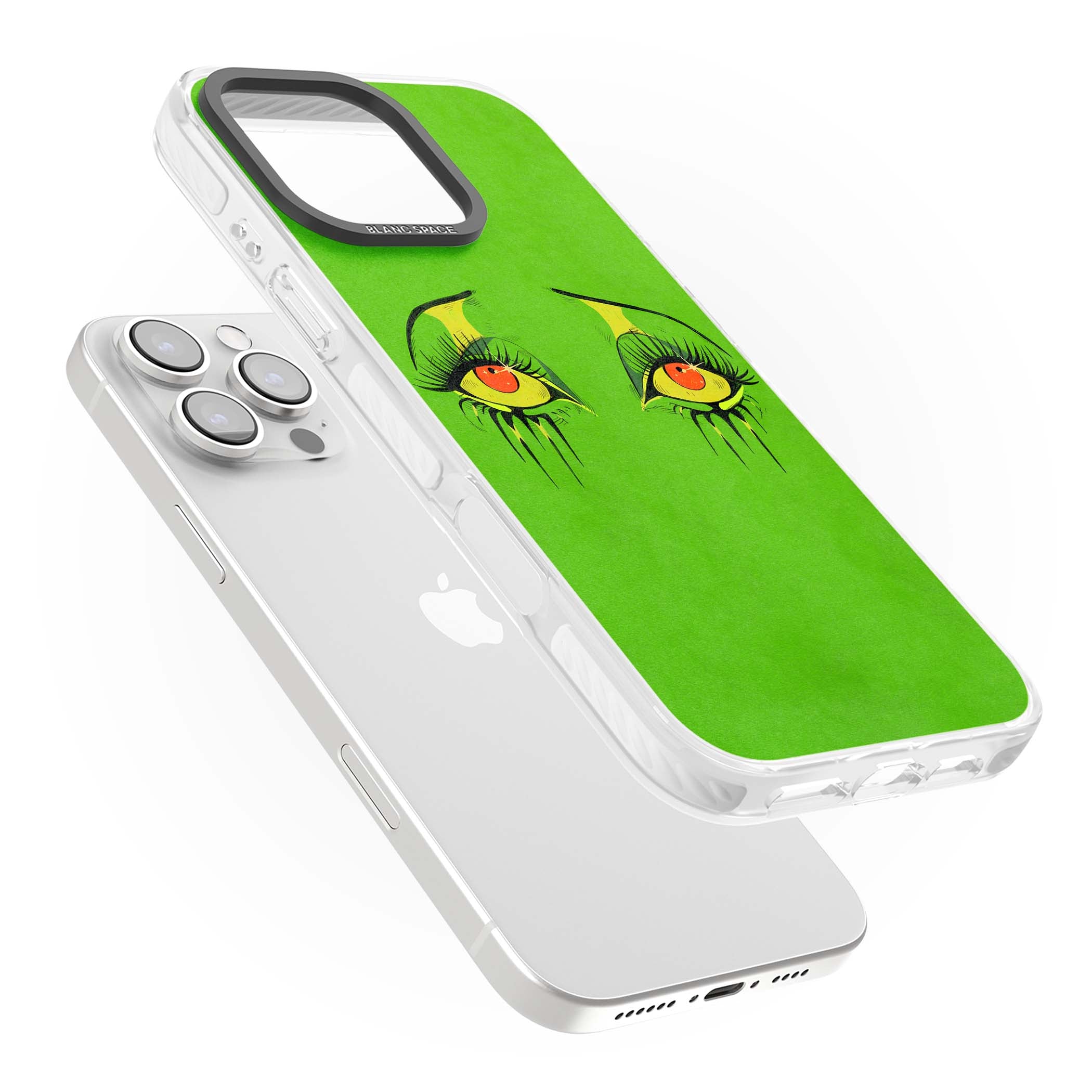 Green Enchanted Eyes psychedelic art iPhone case featuring hand-drawn dripping eyes on neon green background | Impact Magsafe case for iPhone 16 Pro, iPhone 16 Pro Max