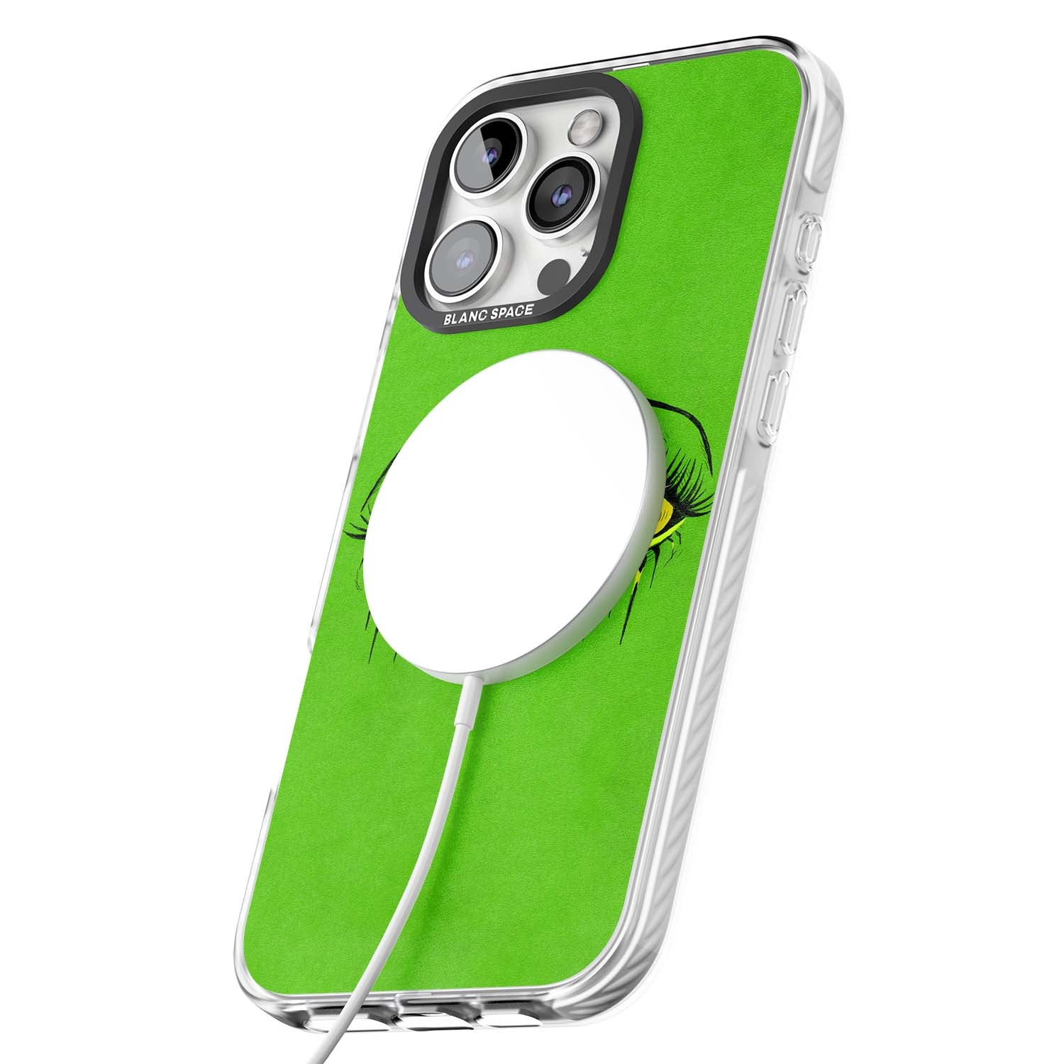 Green Enchanted Eyes psychedelic art iPhone case featuring hand-drawn dripping eyes on neon green background | Impact Magsafe case for iPhone 16 Pro, iPhone 16 Pro Max