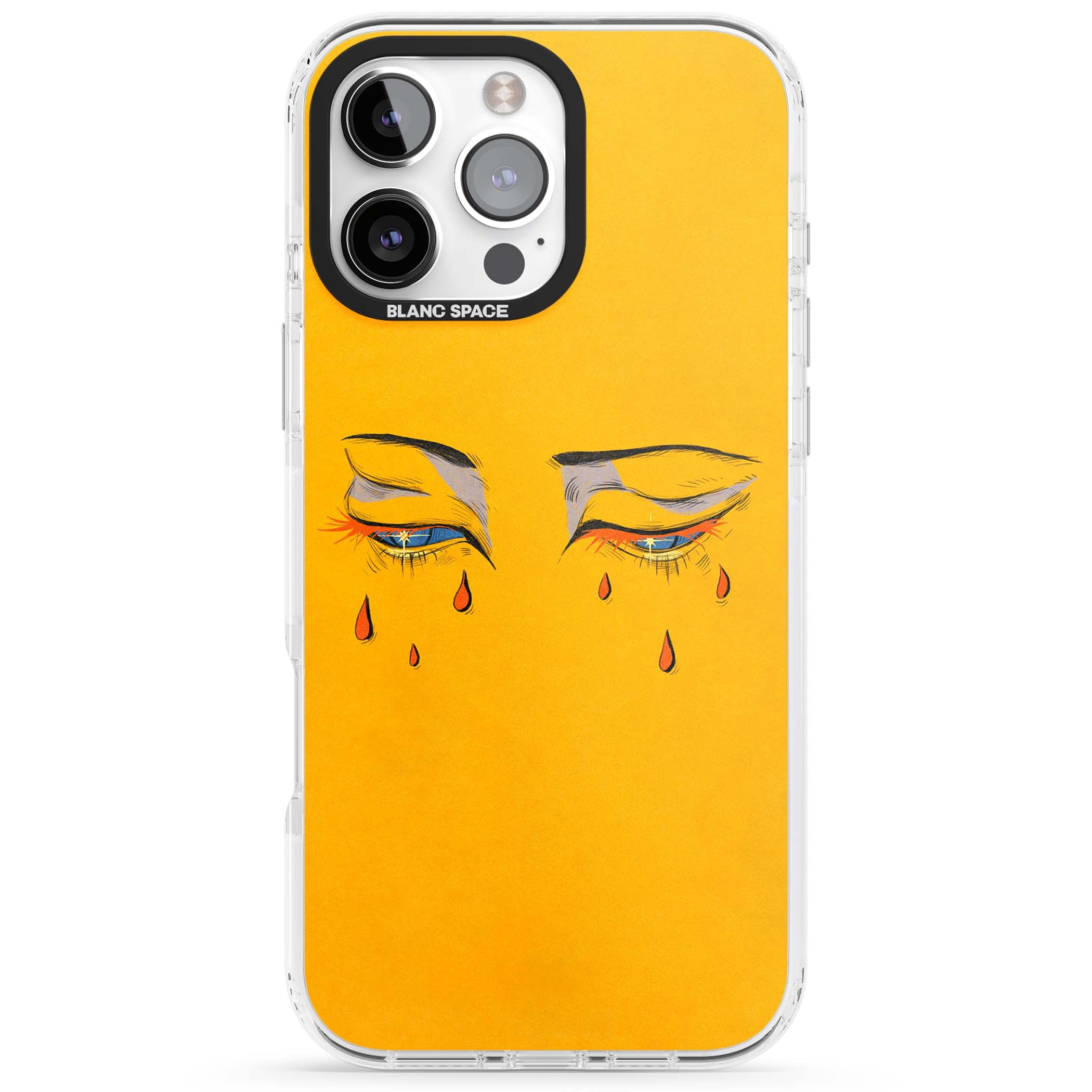 Yellow Tearful Eyes indie iPhone case featuring hand-drawn crying eyes with orange tears on a yellow background | Impact Magsafe case for iPhone 16 Pro, iPhone 16 Pro Max