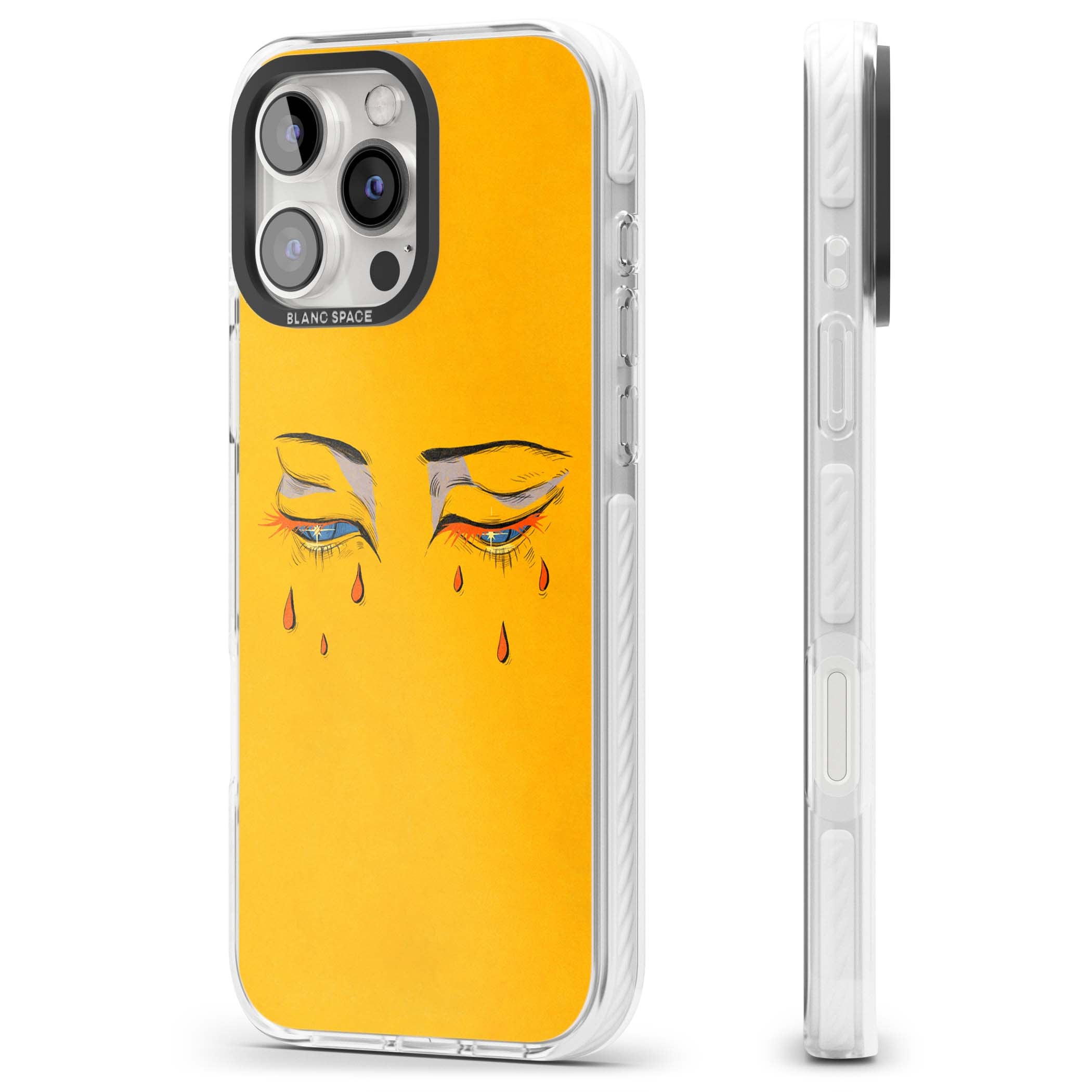 Yellow Tearful Eyes indie iPhone case featuring hand-drawn crying eyes with orange tears on a yellow background | Impact Magsafe case for iPhone 16 Pro, iPhone 16 Pro Max