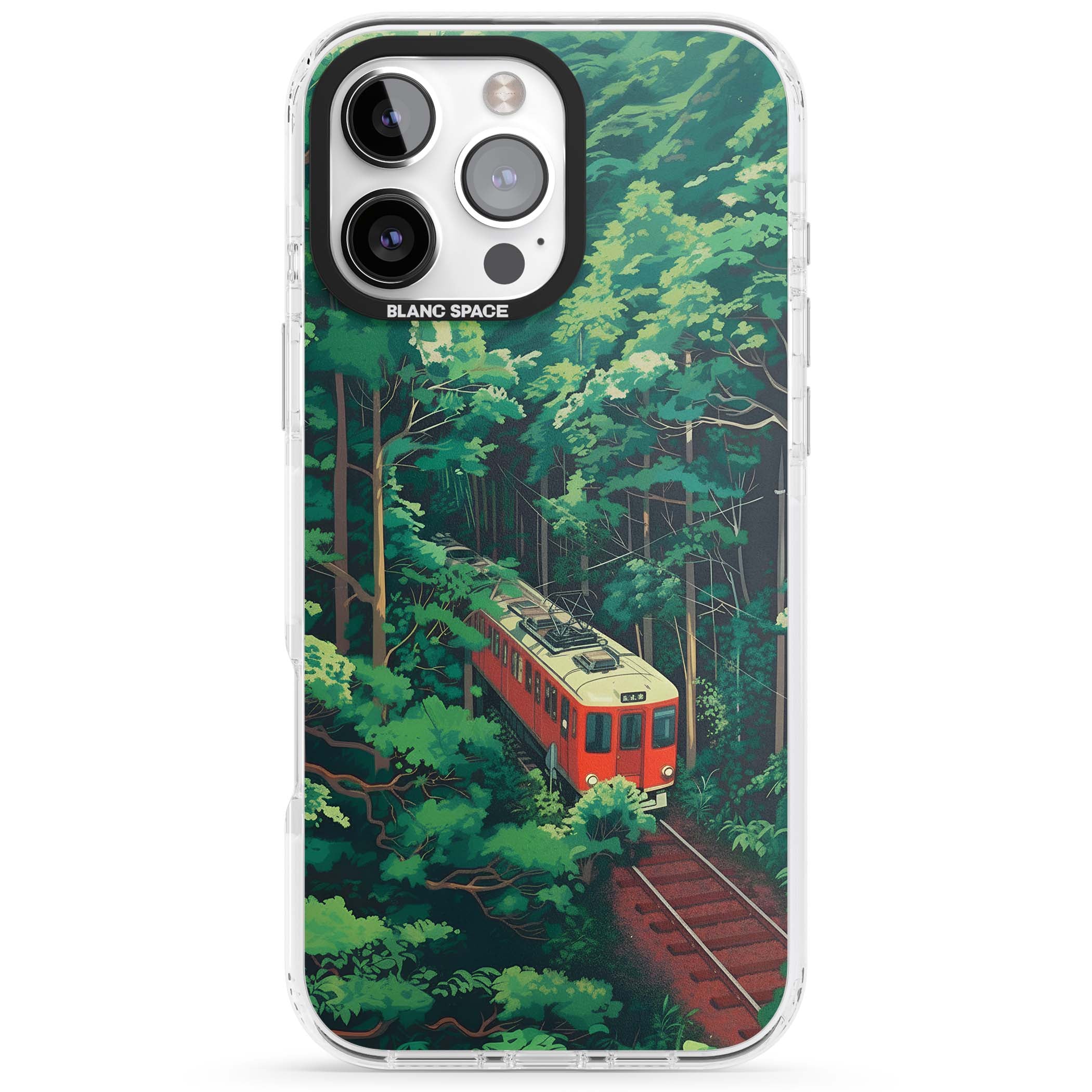 Railway In Toyama Japanese iPhone case featuring a red train, cedar forest and winding mountain railway tracks | Impact Magsafe case for iPhone 16 Pro, iPhone 16 Pro Max