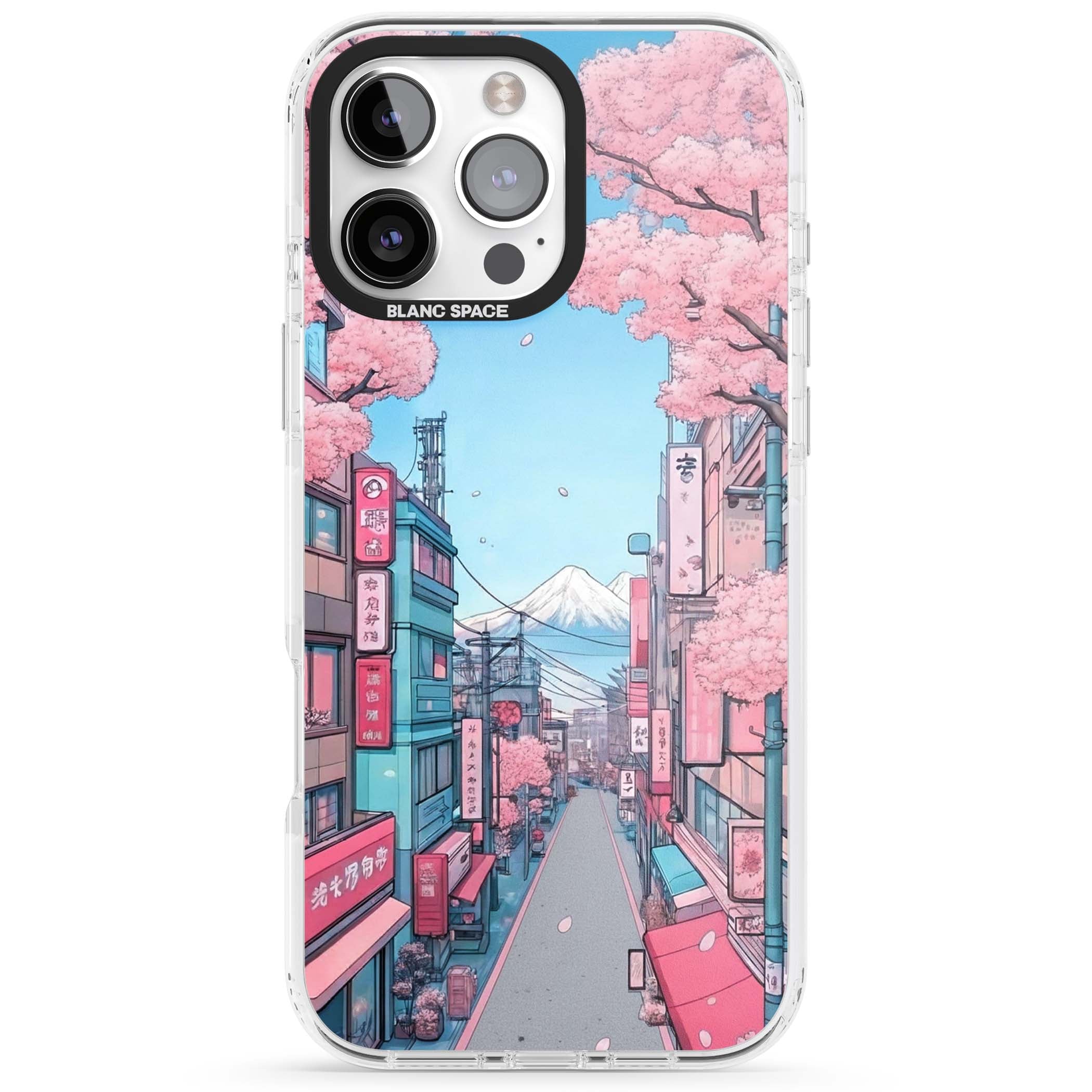 Sakura Lane anime iPhone case featuring Tokyo street scene with cherry blossoms and Mount Fuji | Impact Magsafe case for iPhone 16 Pro, iPhone 16 Pro Max