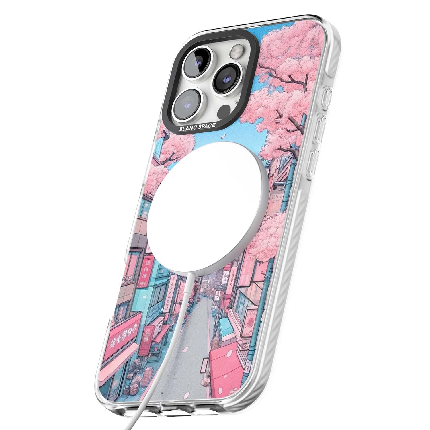 Sakura Lane anime iPhone case featuring Tokyo street scene with cherry blossoms and Mount Fuji | Impact Magsafe case for iPhone 16 Pro, iPhone 16 Pro Max