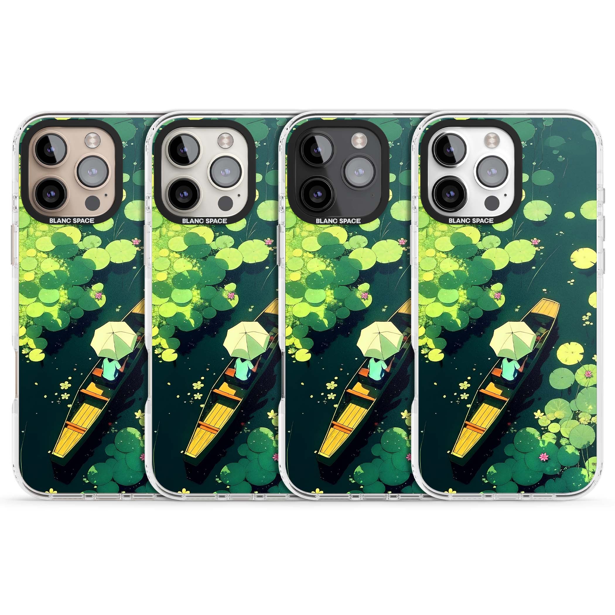 Jade Waters cottagecore iPhone case featuring a painted lily pond, wooden boat with parasol and floating water lilies | Impact Magsafe case for iPhone 16 Pro, iPhone 16 Pro Max