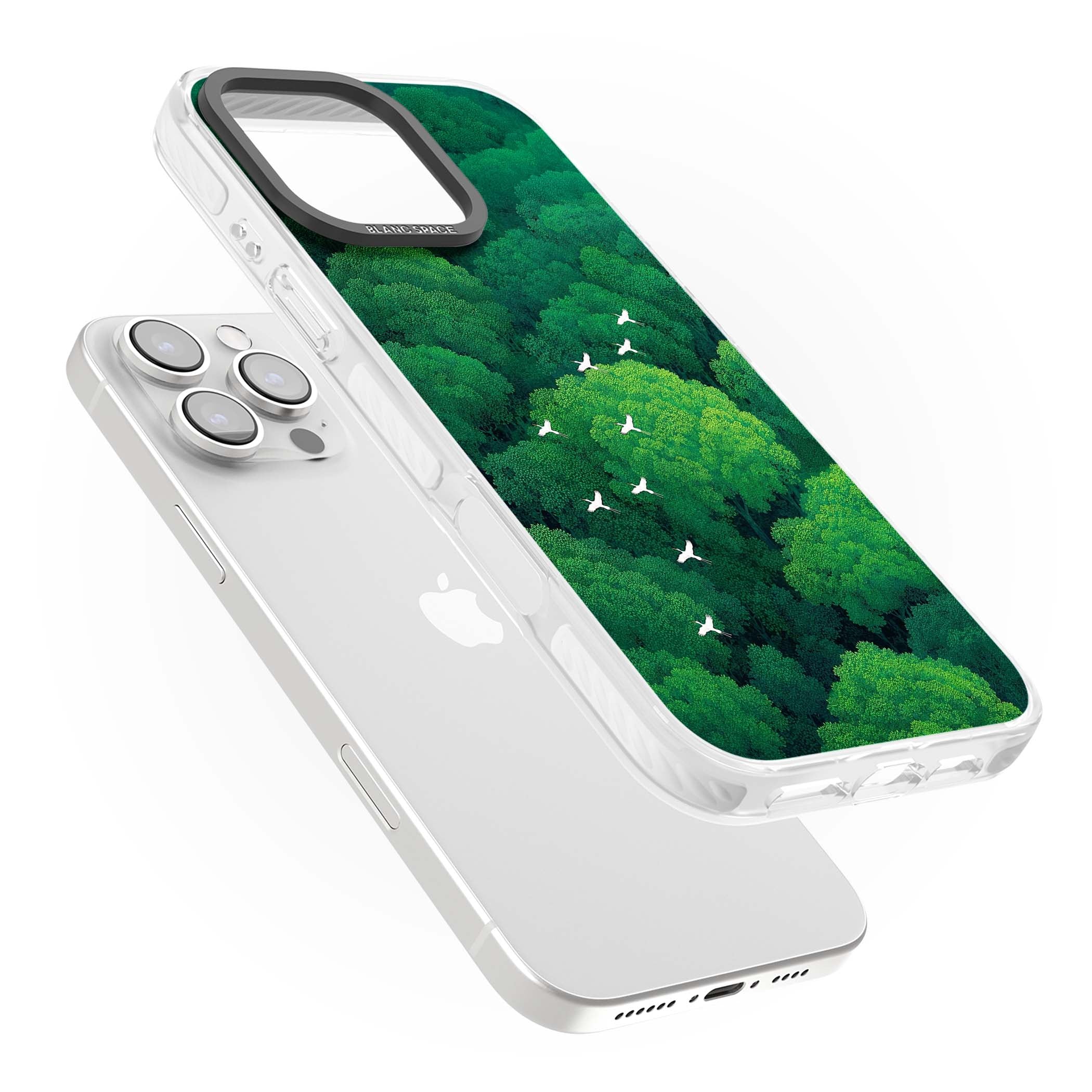 Grove Migration forest iPhone case featuring white cranes flying over lush green treetop canopy | Impact Magsafe case for iPhone 16 Pro, iPhone 16 Pro Max