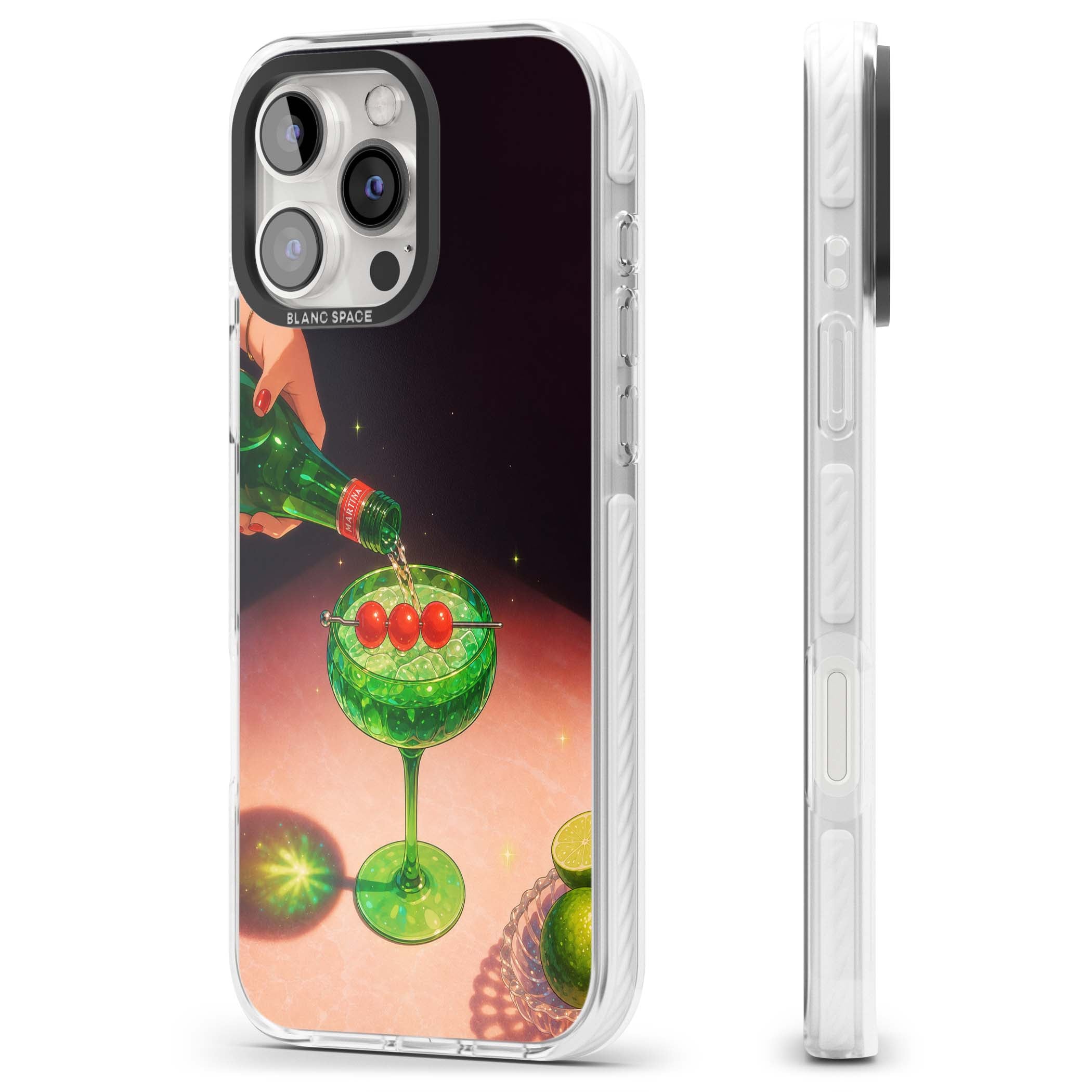 Absinthe Hour cocktail iPhone case featuring a green coupe glass, cherry garnish and vintage bottle pour illustration | Impact Magsafe case for iPhone 16 Pro, iPhone 16 Pro Max