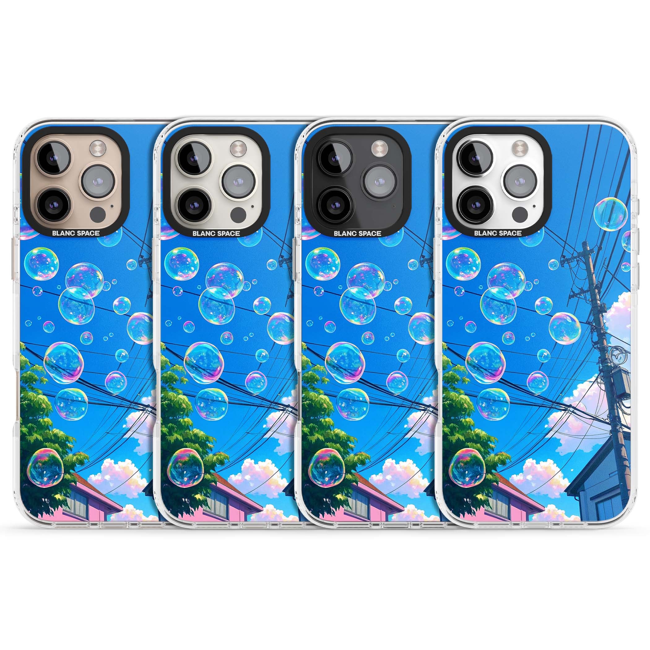 Suburban Bubbles anime iPhone case featuring iridescent soap bubbles, blue sky and Japanese telephone wires | Impact Magsafe case for iPhone 16 Pro, iPhone 16 Pro Max