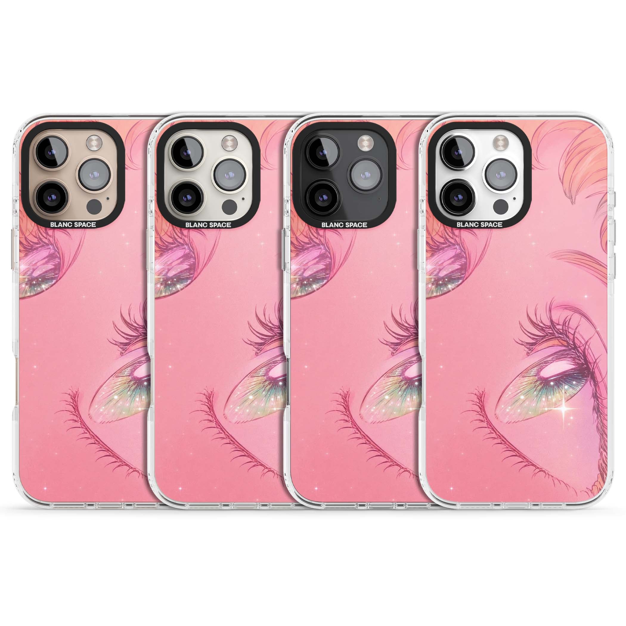 Pink Ethereal Gaze anime iPhone case featuring sparkling manga eyes, coral lashes and dreamy peach sky | Impact Magsafe case for iPhone 16 Pro, iPhone 16 Pro Max