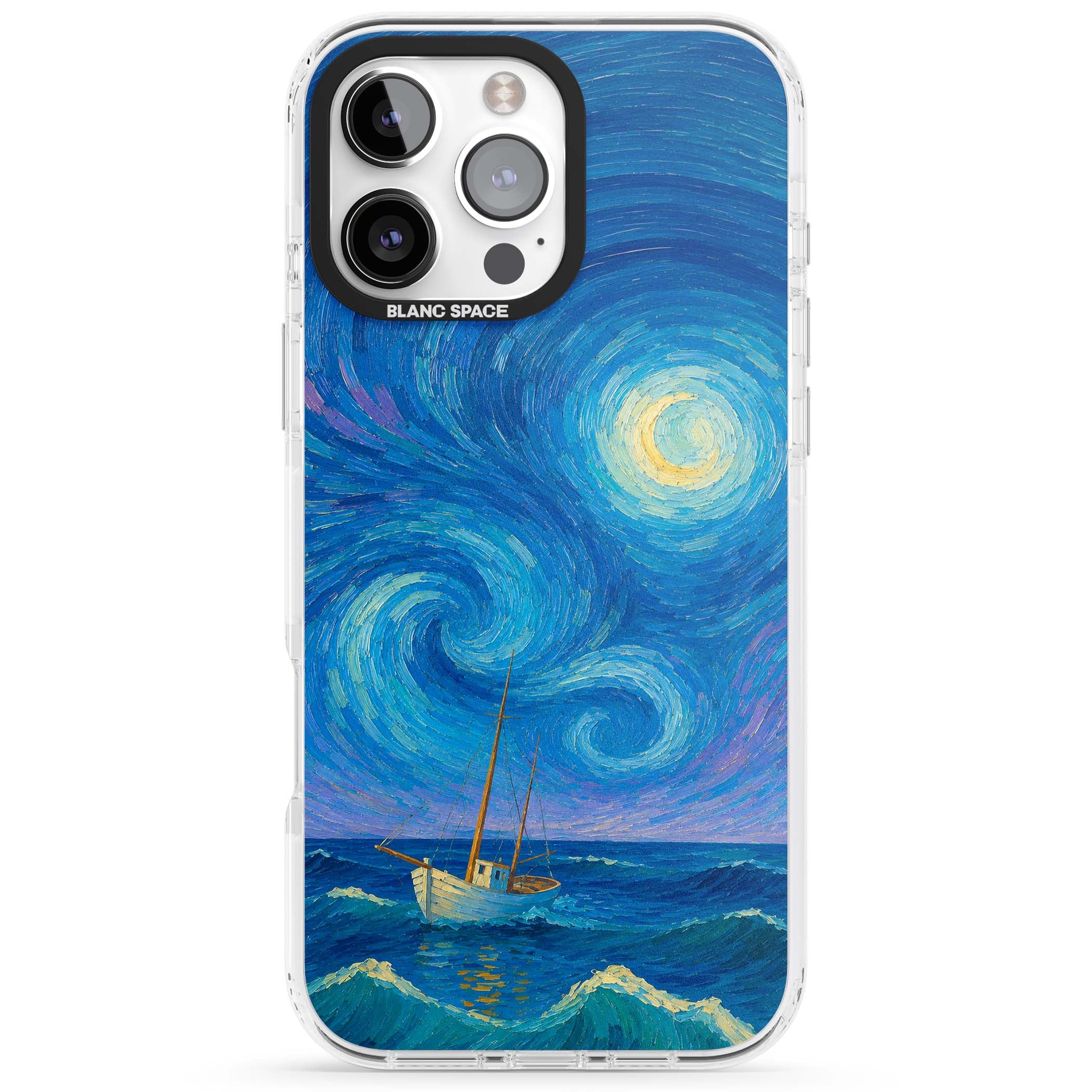 Moonlit Tide Van Gogh art iPhone case featuring swirling starry night sky, glowing moon and lone sailing boat at sea | Impact Magsafe case for iPhone 16 Pro, iPhone 16 Pro Max