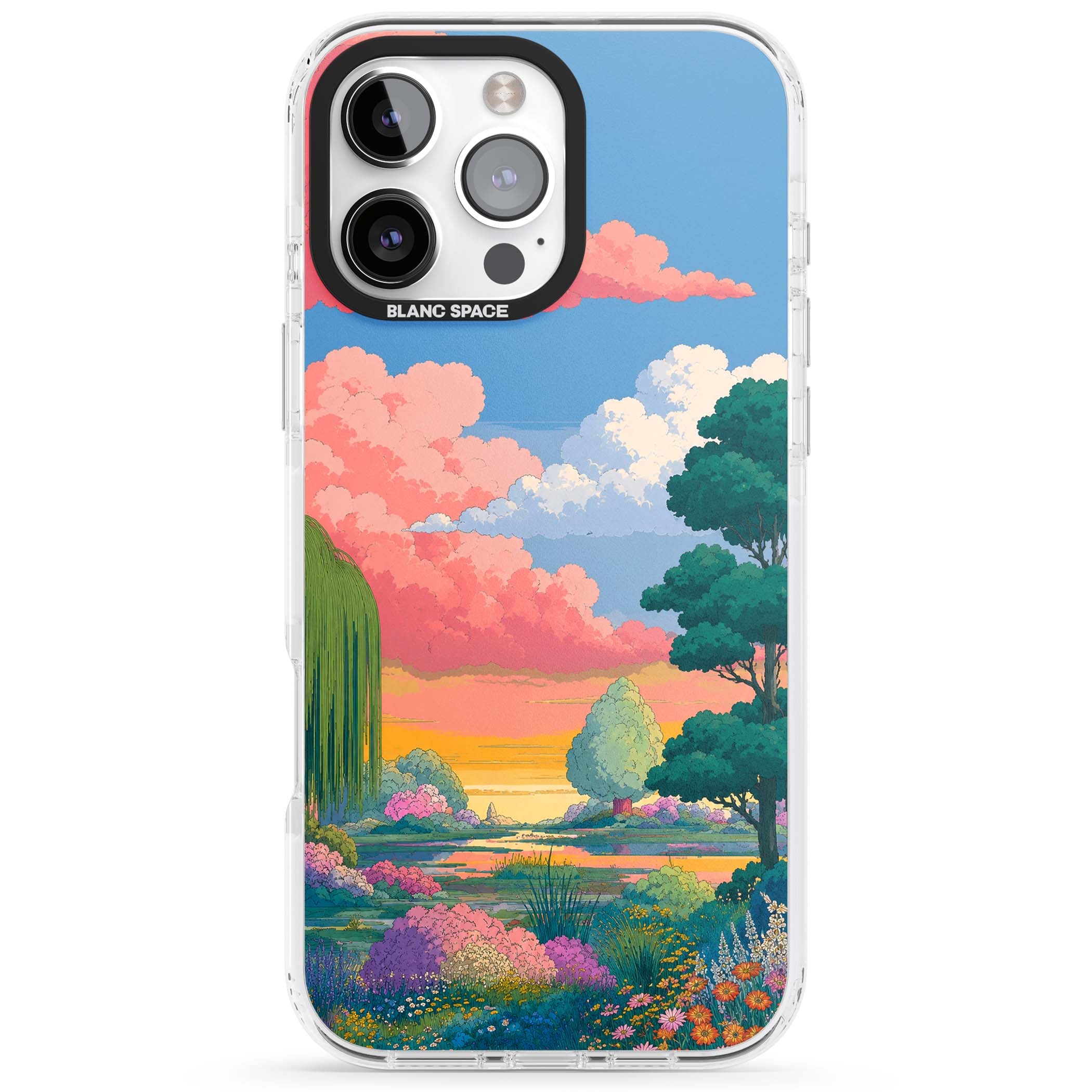 Dream Valley anime landscape iPhone case featuring pink sunset clouds, willow trees and wildflowers | Impact Magsafe case for iPhone 16 Pro, iPhone 16 Pro Max