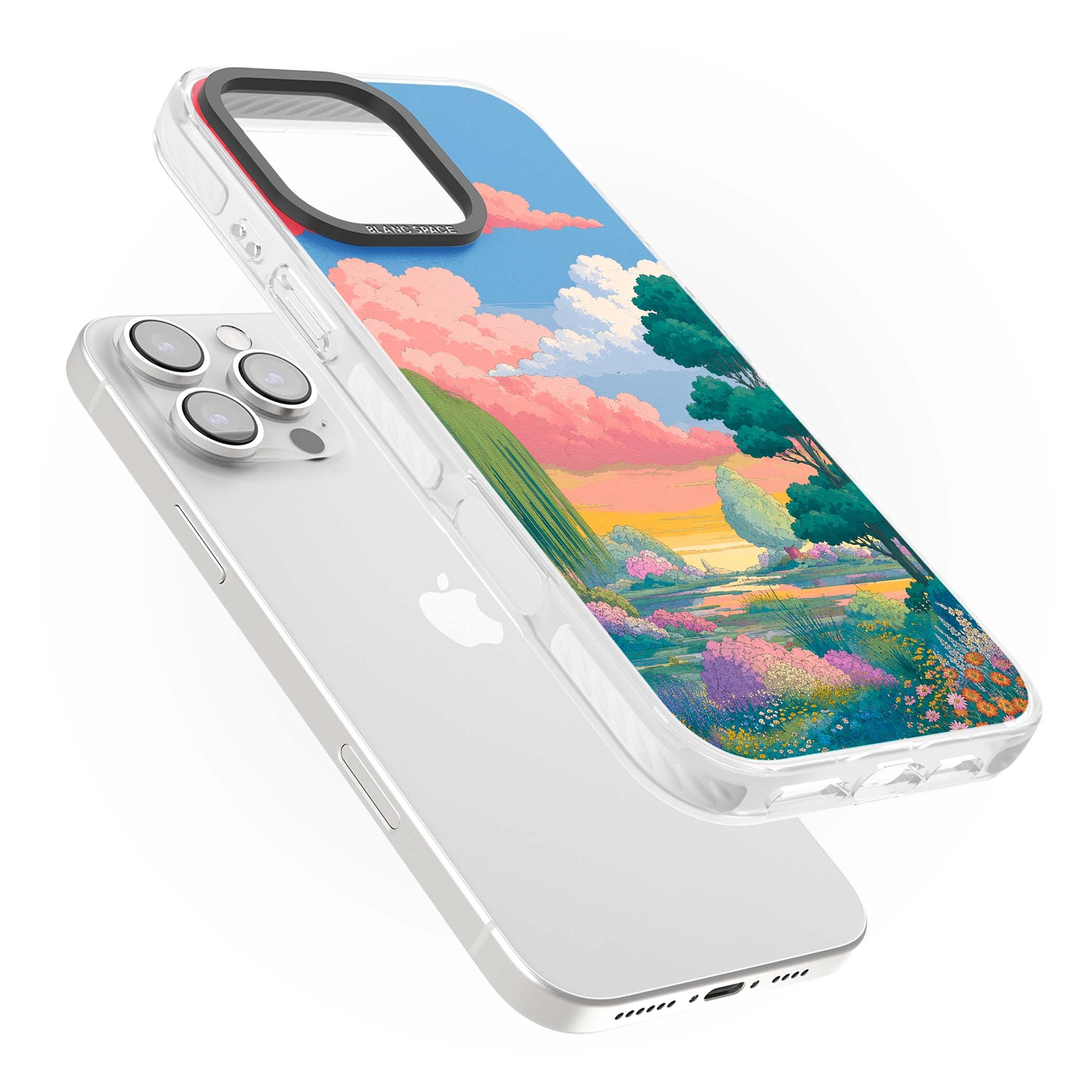 Dream Valley anime landscape iPhone case featuring pink sunset clouds, willow trees and wildflowers | Impact Magsafe case for iPhone 16 Pro, iPhone 16 Pro Max