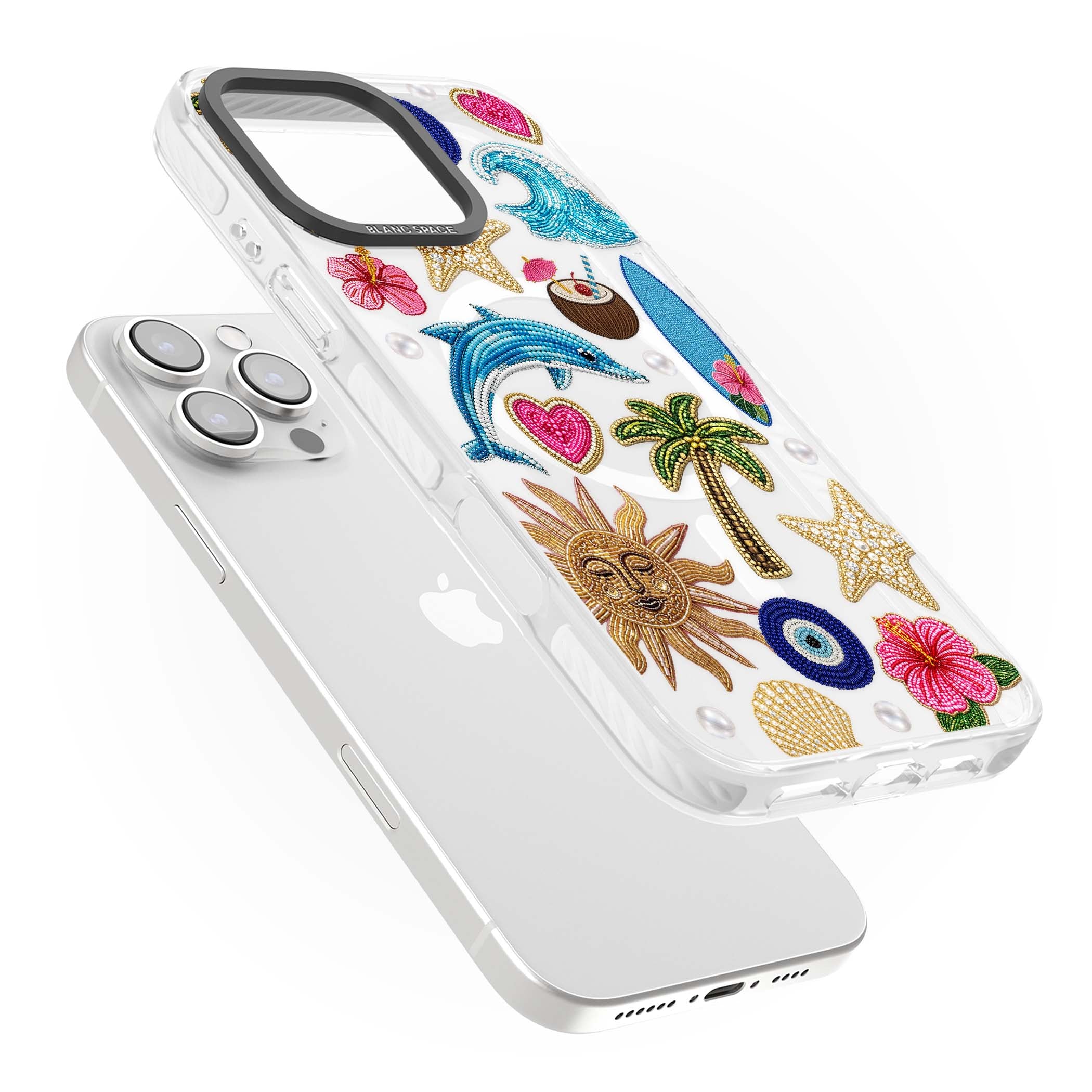 Beaded Beach coastal summer iPhone case featuring embroidered evil eye, hibiscus flowers, dolphin and palm tree patches | Impact Magsafe case for iPhone 16 Pro, iPhone 16 Pro Max