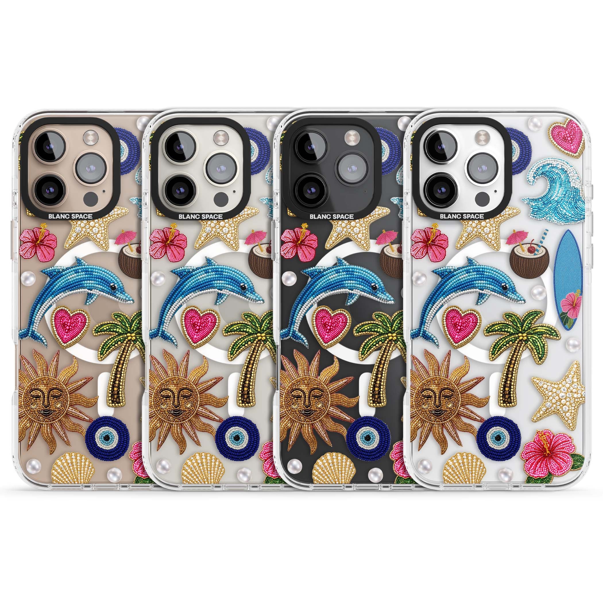 Beaded Beach coastal summer iPhone case featuring embroidered evil eye, hibiscus flowers, dolphin and palm tree patches | Impact Magsafe case for iPhone 16 Pro, iPhone 16 Pro Max