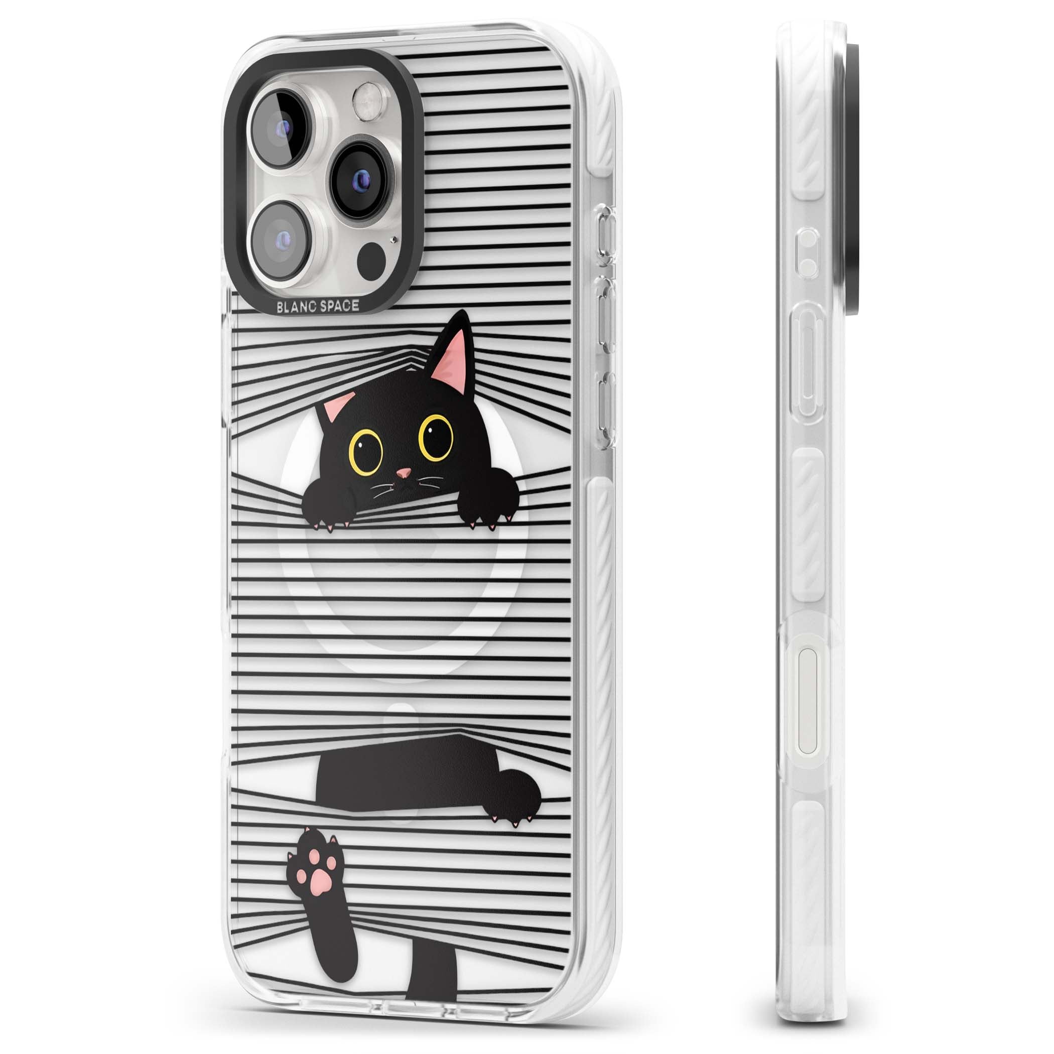 Peek-a-Boo Cat minimal iPhone case featuring black cat peeking through horizontal black and white stripes | Impact Magsafe case for iPhone 16 Pro, iPhone 16 Pro Max