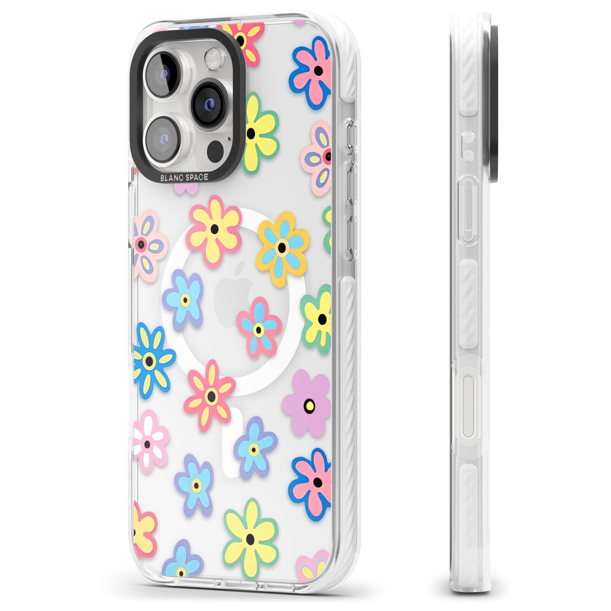 Bloom Pop cottagecore iPhone case featuring multicolor pastel flowers with black centers on clear background | Impact Magsafe case for iPhone 16 Pro, iPhone 16 Pro Max