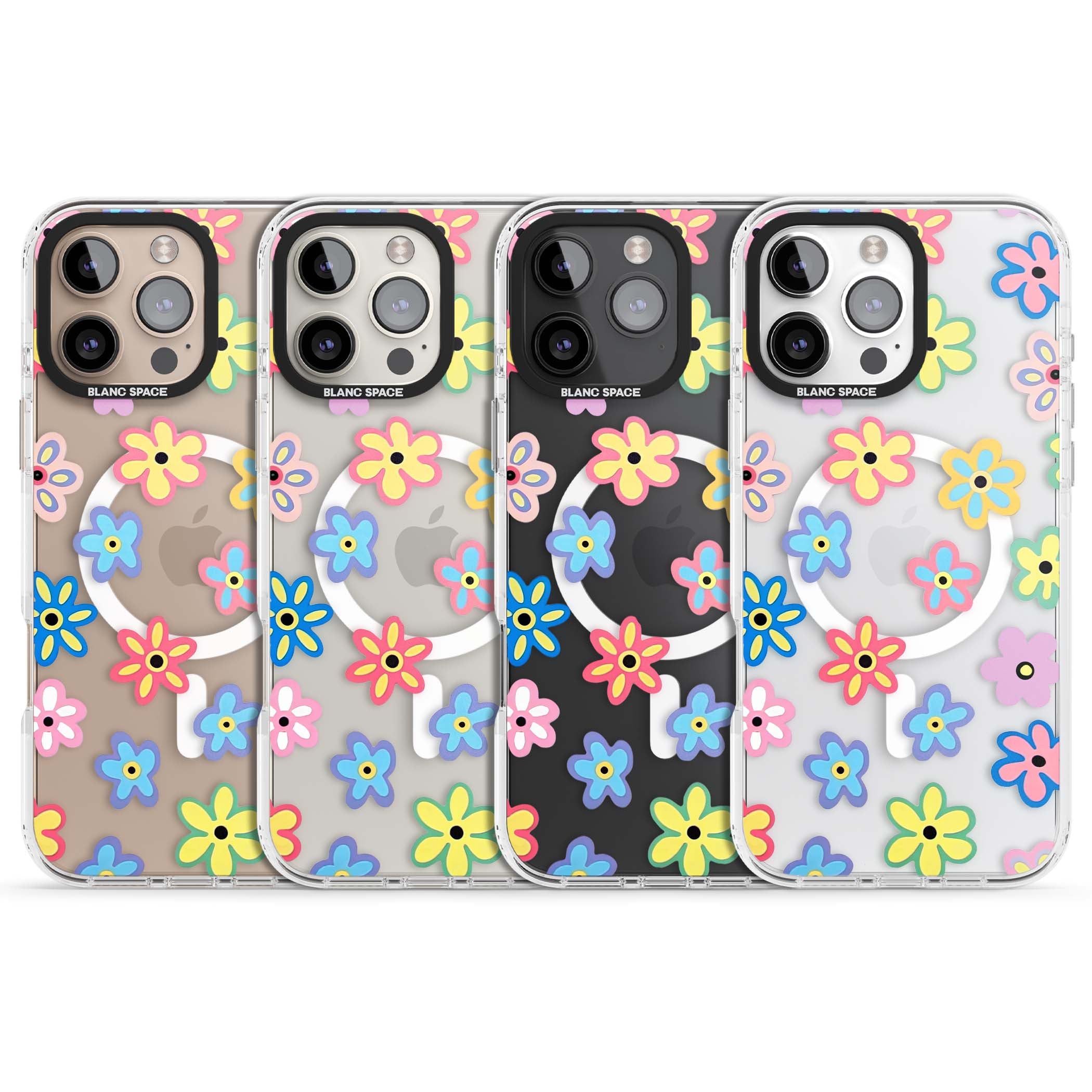 Bloom Pop cottagecore iPhone case featuring multicolor pastel flowers with black centers on clear background | Impact Magsafe case for iPhone 16 Pro, iPhone 16 Pro Max