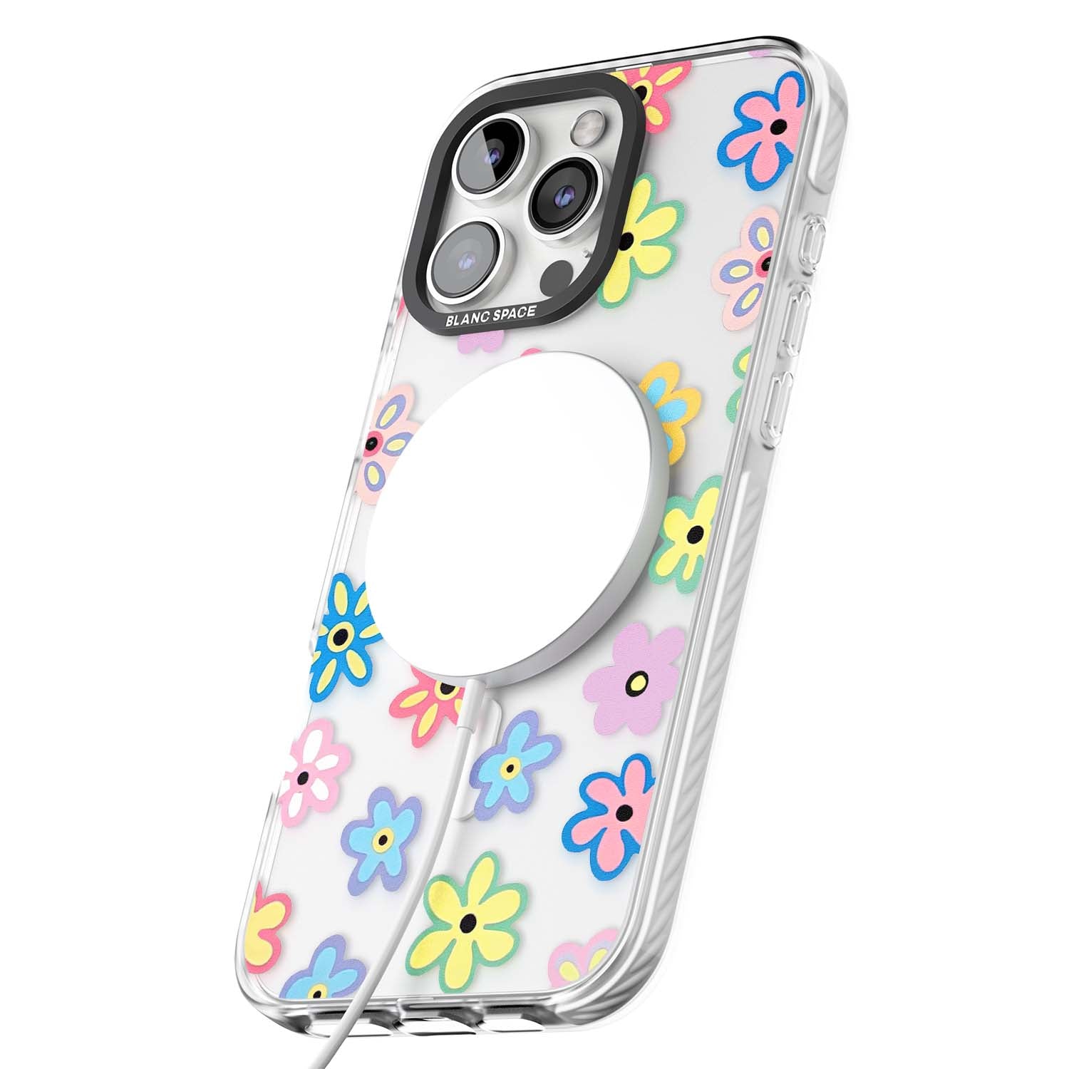 Bloom Pop cottagecore iPhone case featuring multicolor pastel flowers with black centers on clear background | Impact Magsafe case for iPhone 16 Pro, iPhone 16 Pro Max