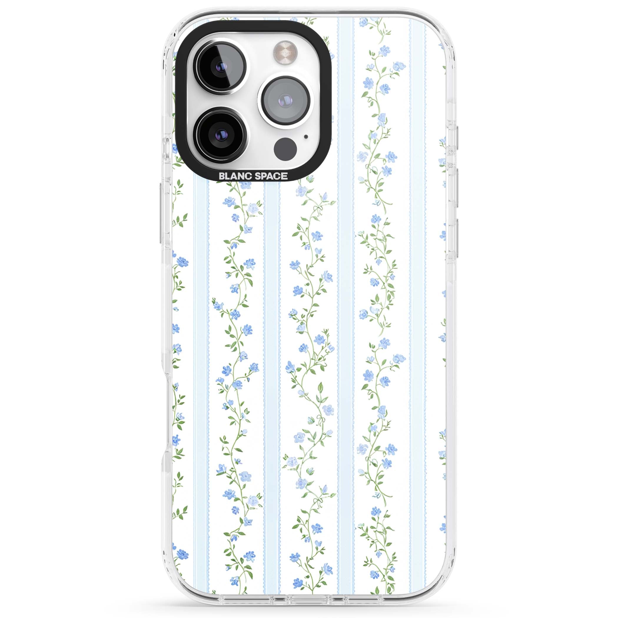 Bluebell Vine cottagecore iPhone case featuring climbing blue roses, trailing green vines, and pale ticking stripes | Impact Magsafe case for iPhone 16 Pro, iPhone 16 Pro Max