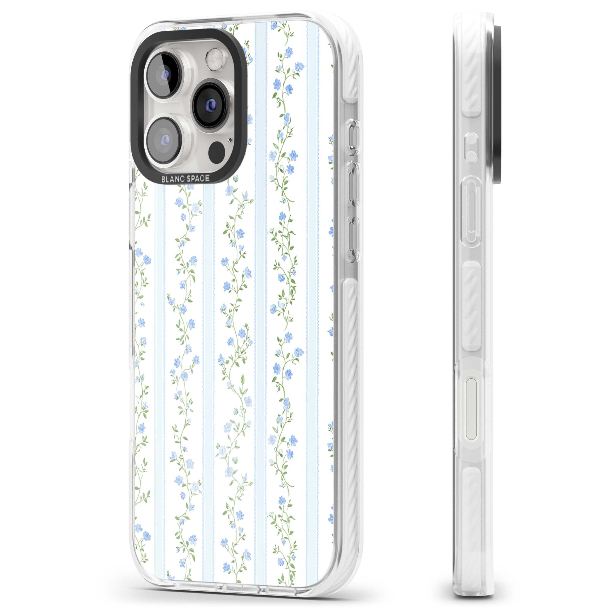 Bluebell Vine cottagecore iPhone case featuring climbing blue roses, trailing green vines, and pale ticking stripes | Impact Magsafe case for iPhone 16 Pro, iPhone 16 Pro Max