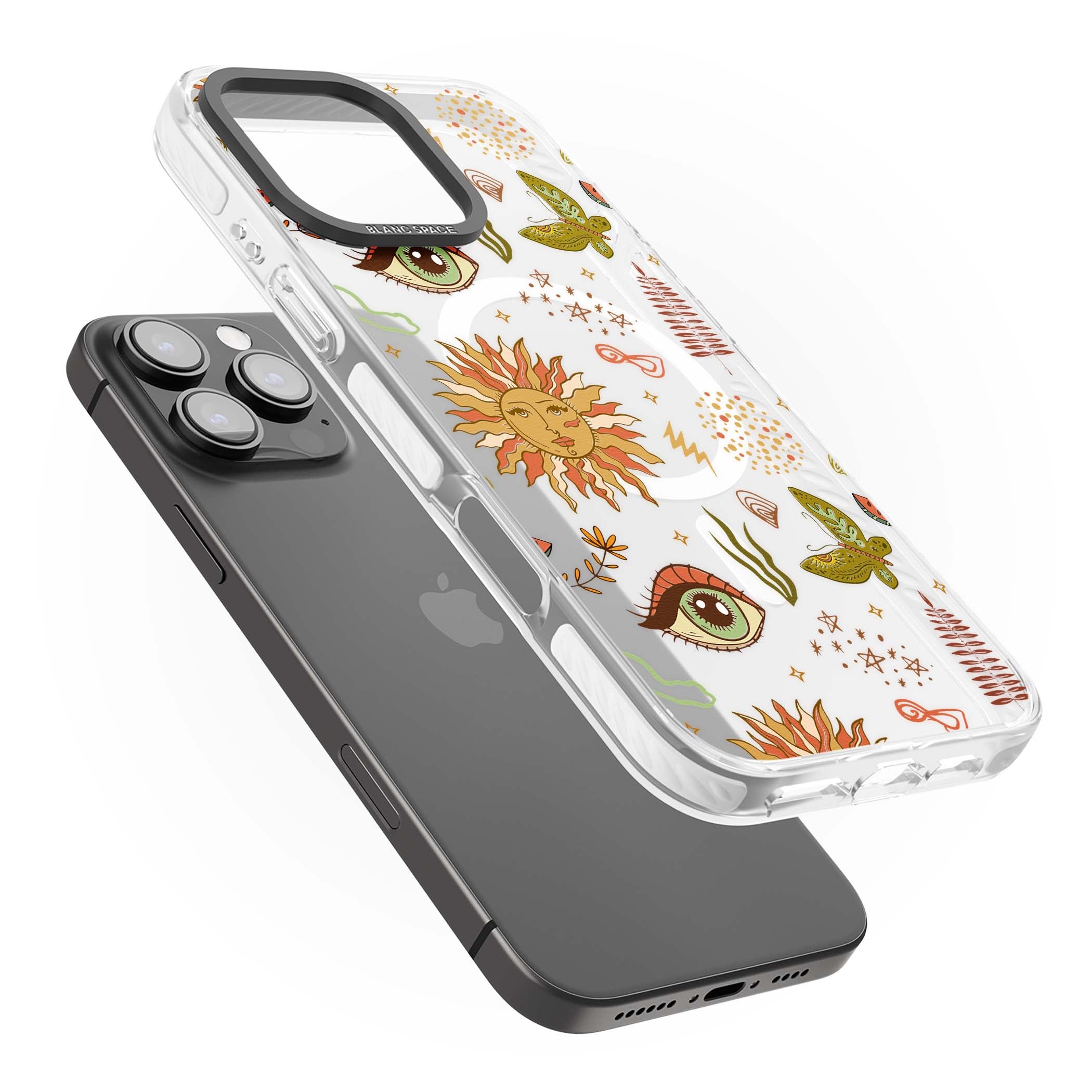 Elevate Your Phone'S Style With This Boho Celestial Sun & Eye Phone Case, Featuring A Mystical Blend Of Suns, All-Seeing Eyes, Butterflies, Stars, And