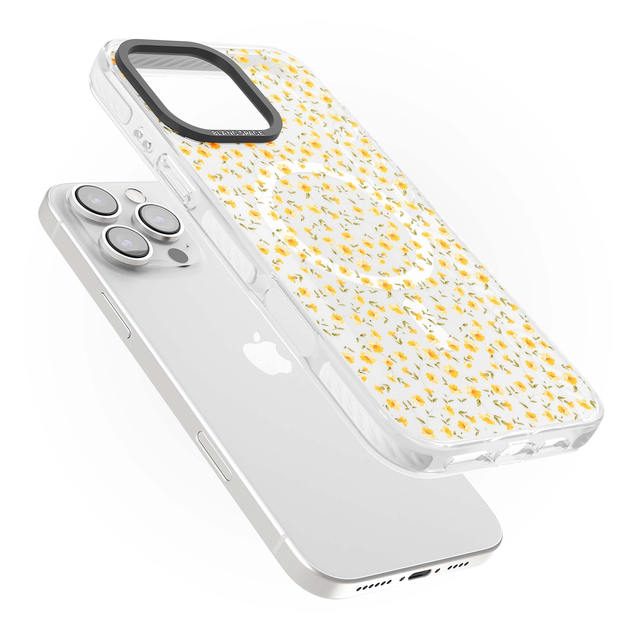 Buttercup wildflower iPhone case featuring tiny yellow flowers and trailing green vines on clear | Impact Magsafe case for iPhone 16 Pro, iPhone 16 Pro Max