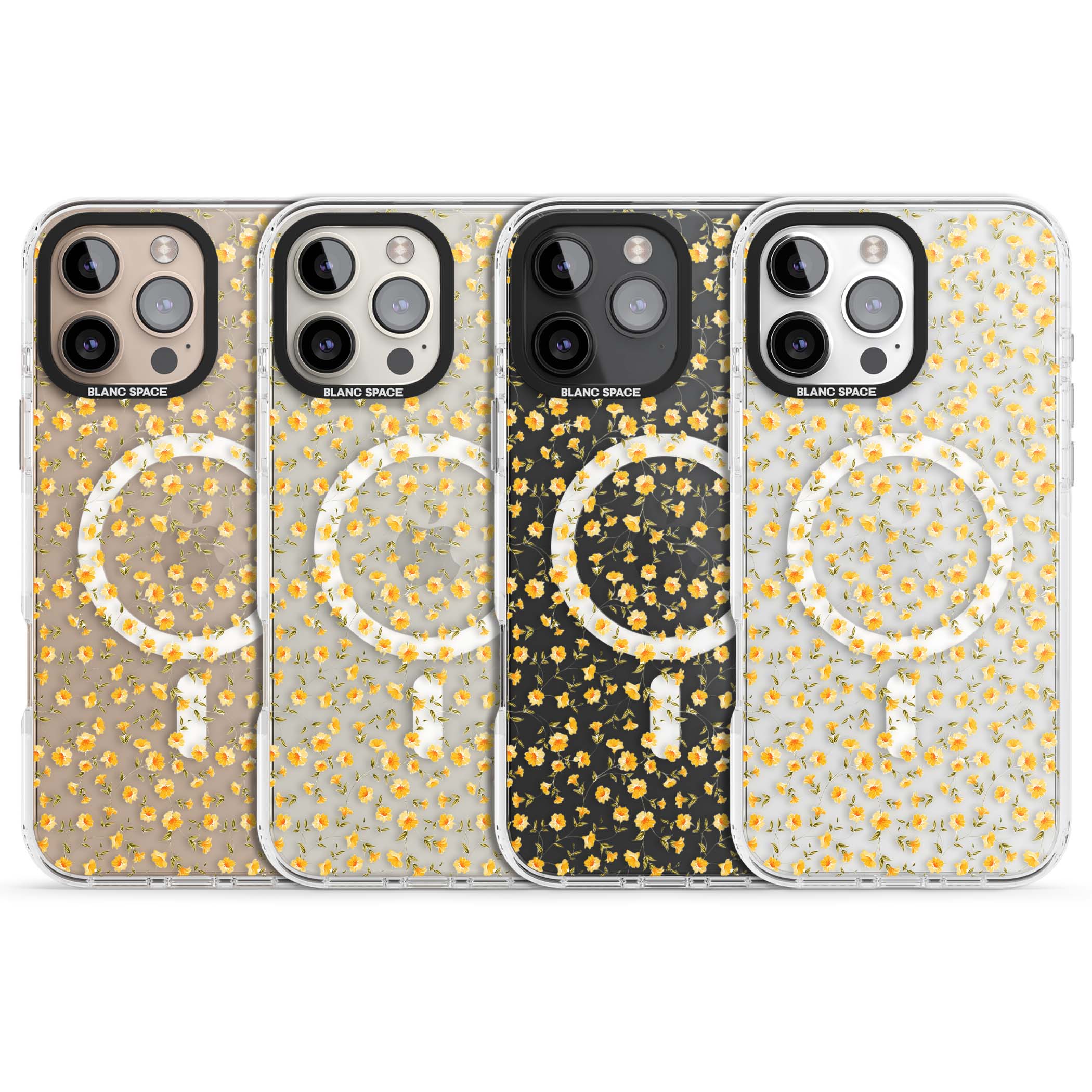 Buttercup wildflower iPhone case featuring tiny yellow flowers and trailing green vines on clear | Impact Magsafe case for iPhone 16 Pro, iPhone 16 Pro Max