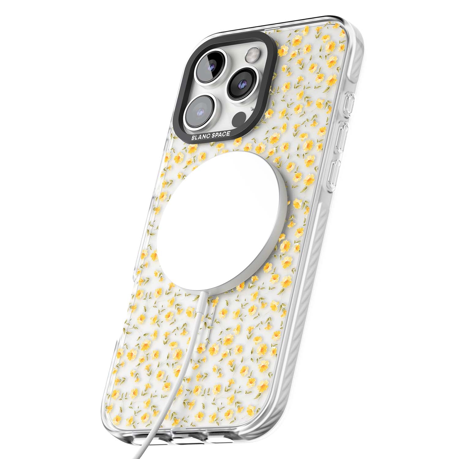 Buttercup wildflower iPhone case featuring tiny yellow flowers and trailing green vines on clear | Impact Magsafe case for iPhone 16 Pro, iPhone 16 Pro Max