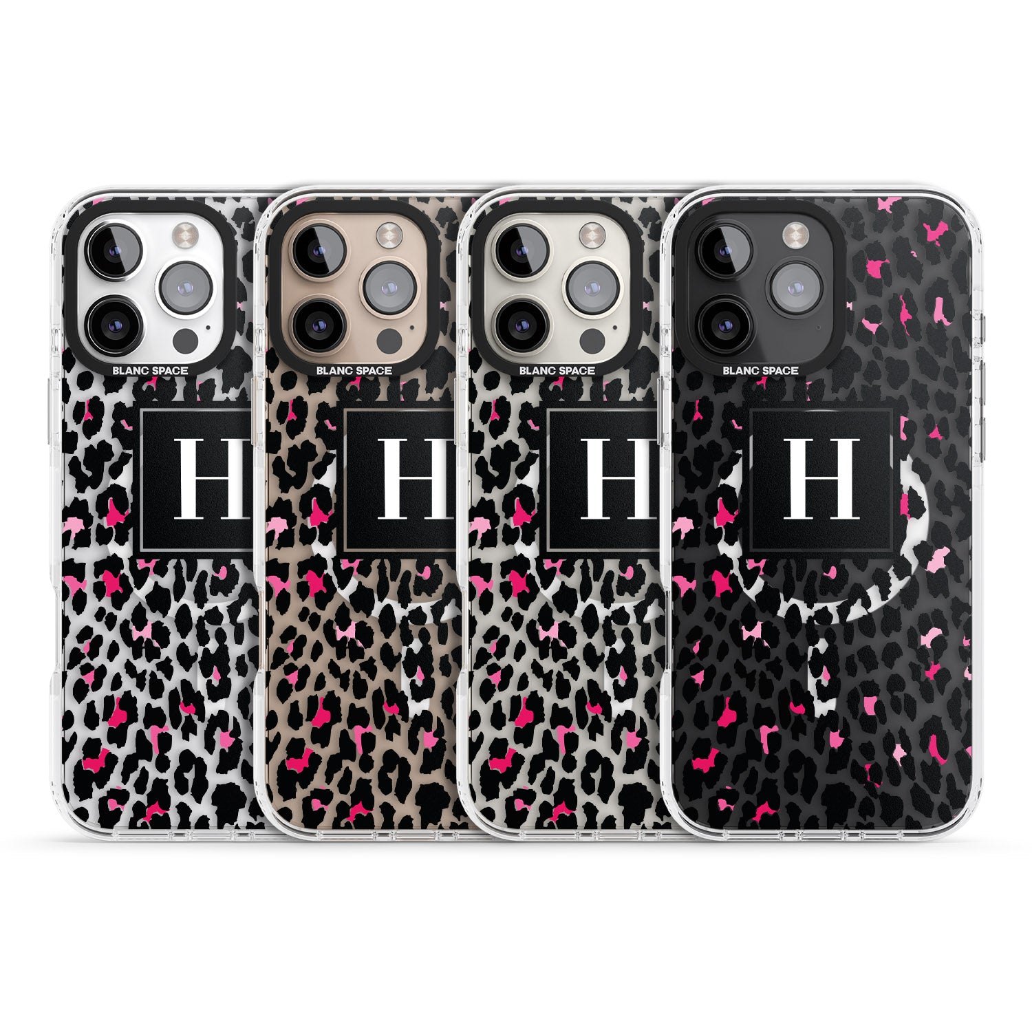 iPhone 16 Pro Max Personalised Pink Monogram Leopard Spots Black Impact Phone Case