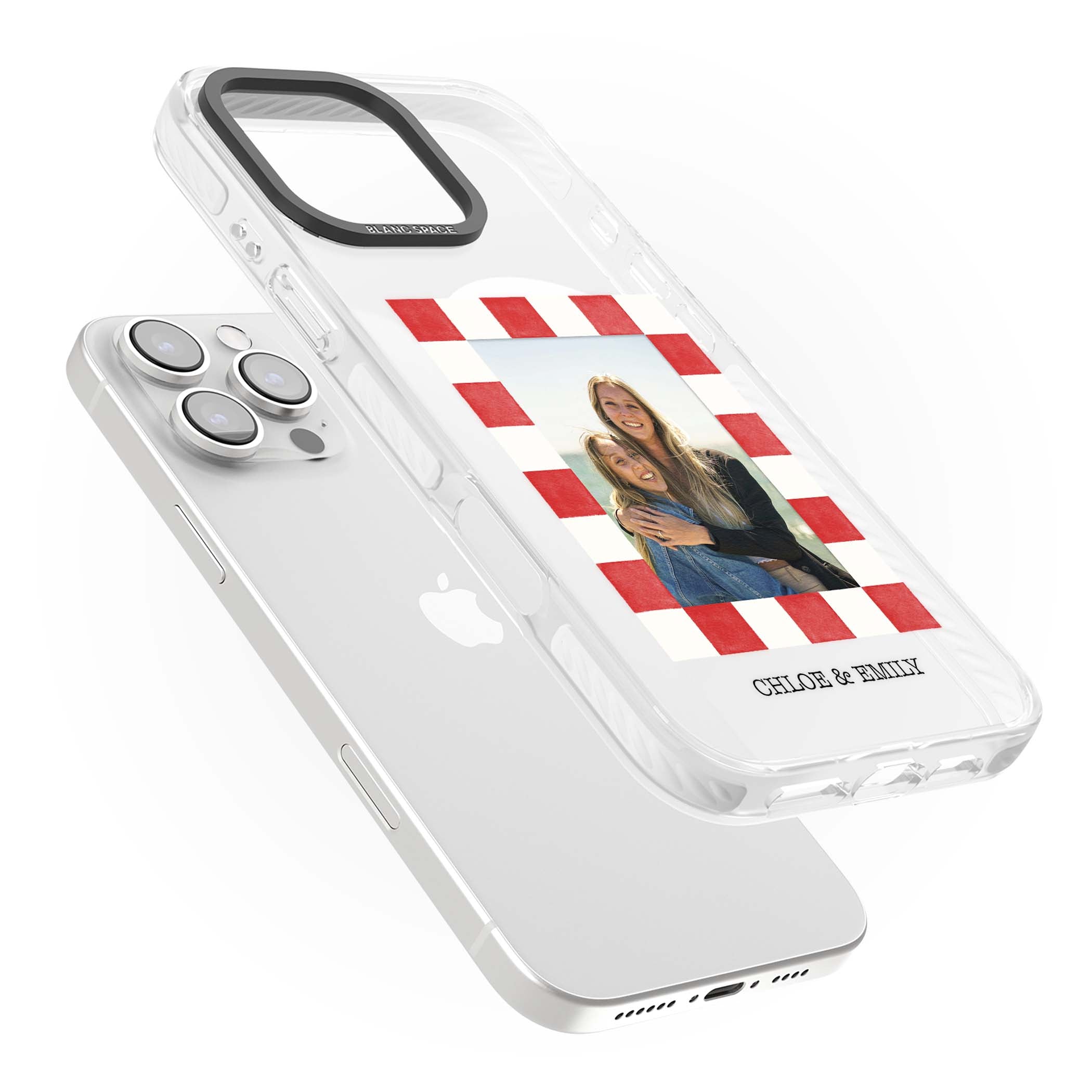Red Check Photo personalised photo iPhone case with red and white checkered polaroid frame and custom couple name | Impact Magsafe case for iPhone 16 Pro, iPhone 16 Pro Max